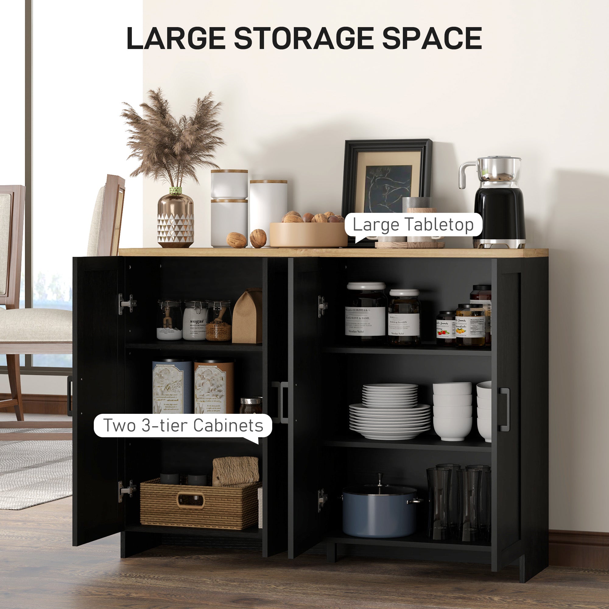 HOMCOM Modern Buffet Cabinet with Storage, 47" Narrow Sideboard, Kitchen Storage Cabinet with 4 Shaker Doors and Adjustable Shelves, Black