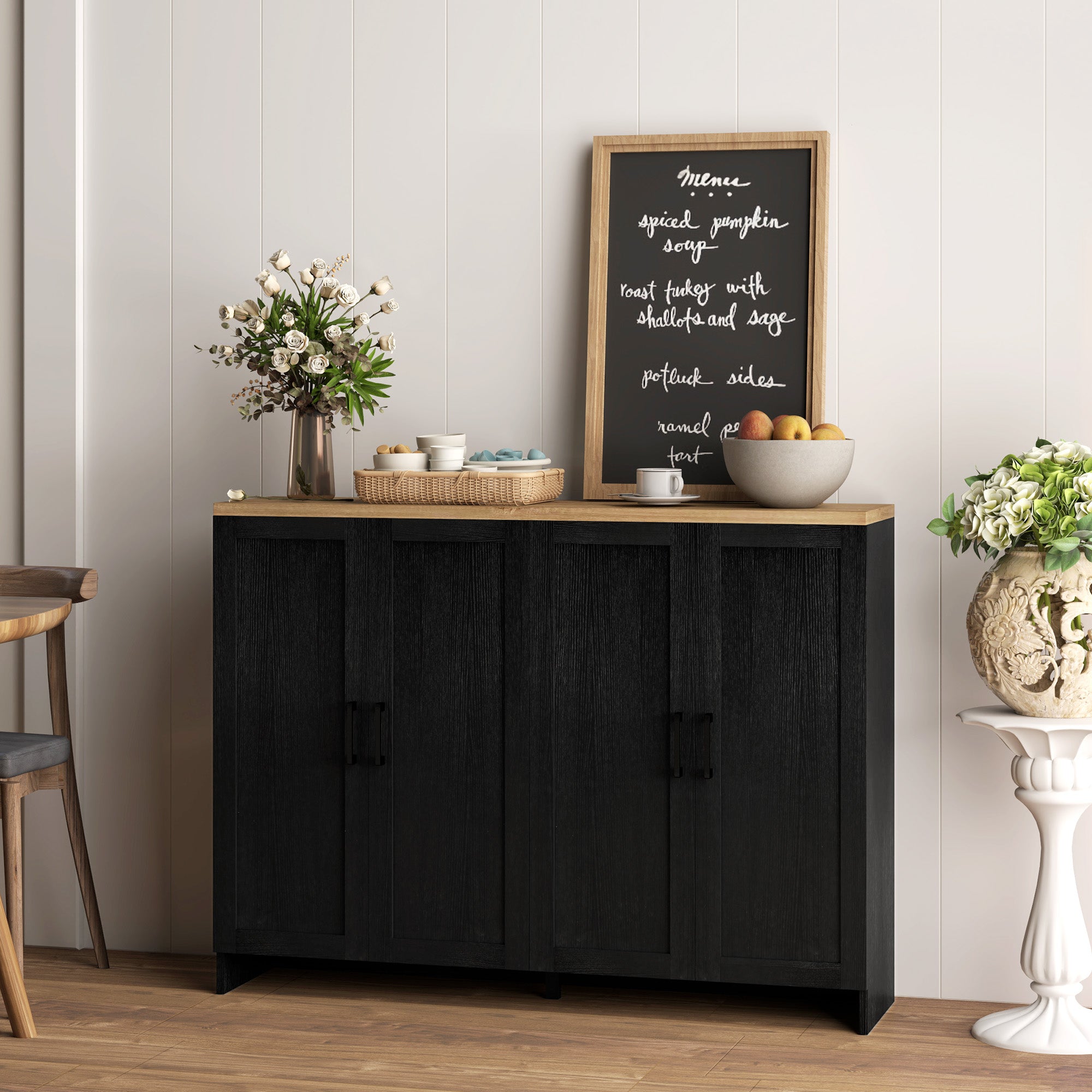 HOMCOM Modern Buffet Cabinet with Storage, 47" Narrow Sideboard, Kitchen Storage Cabinet with 4 Shaker Doors and Adjustable Shelves, Black