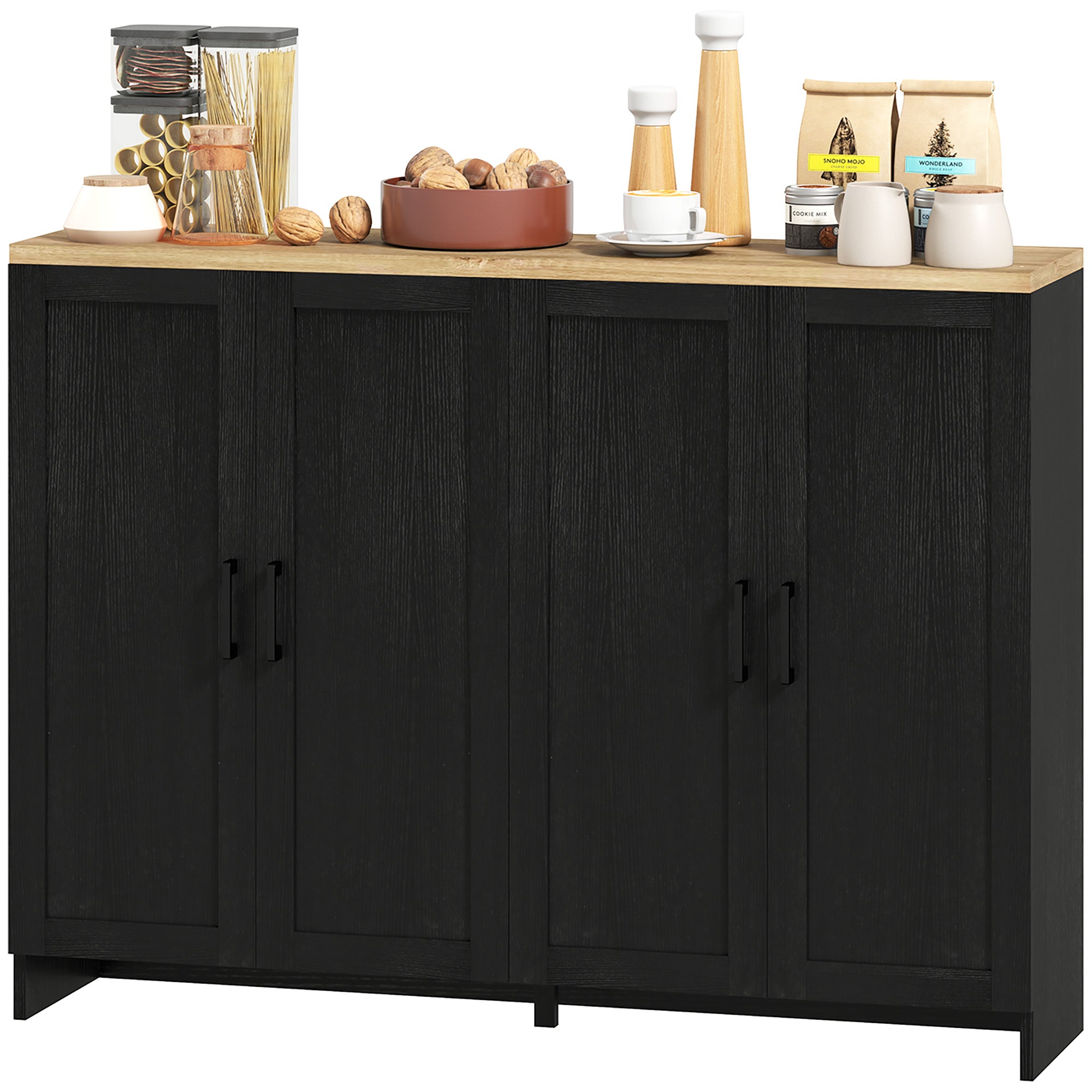 HOMCOM Modern Buffet Cabinet with Storage, 47" Narrow Sideboard, Kitchen Storage Cabinet with 4 Shaker Doors and Adjustable Shelves, Black