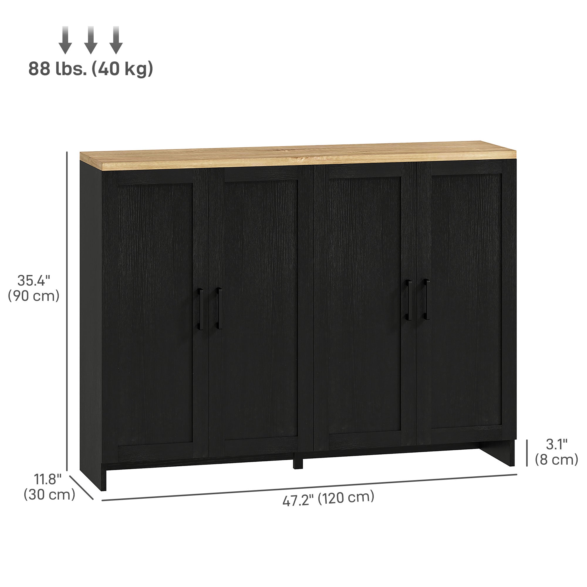 HOMCOM Modern Buffet Cabinet with Storage, 47" Narrow Sideboard, Kitchen Storage Cabinet with 4 Shaker Doors and Adjustable Shelves, Black