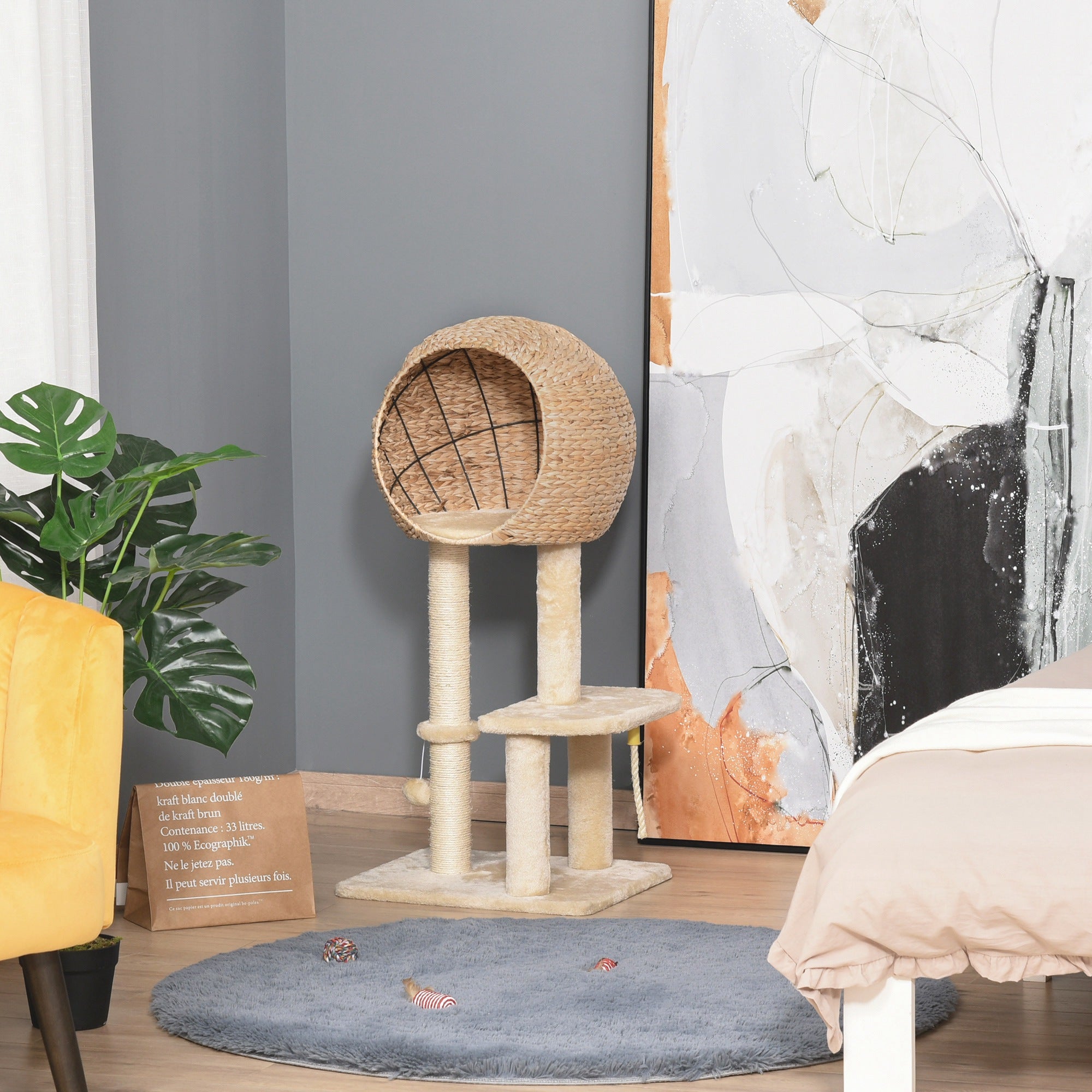 PawHut Cat Tree for Indoor Cats 100cm Kitten Climbing Tower Activity Center with Sisal Scratching Post Condo Perch Hanging Balls Teasing Rope Toy Cushion