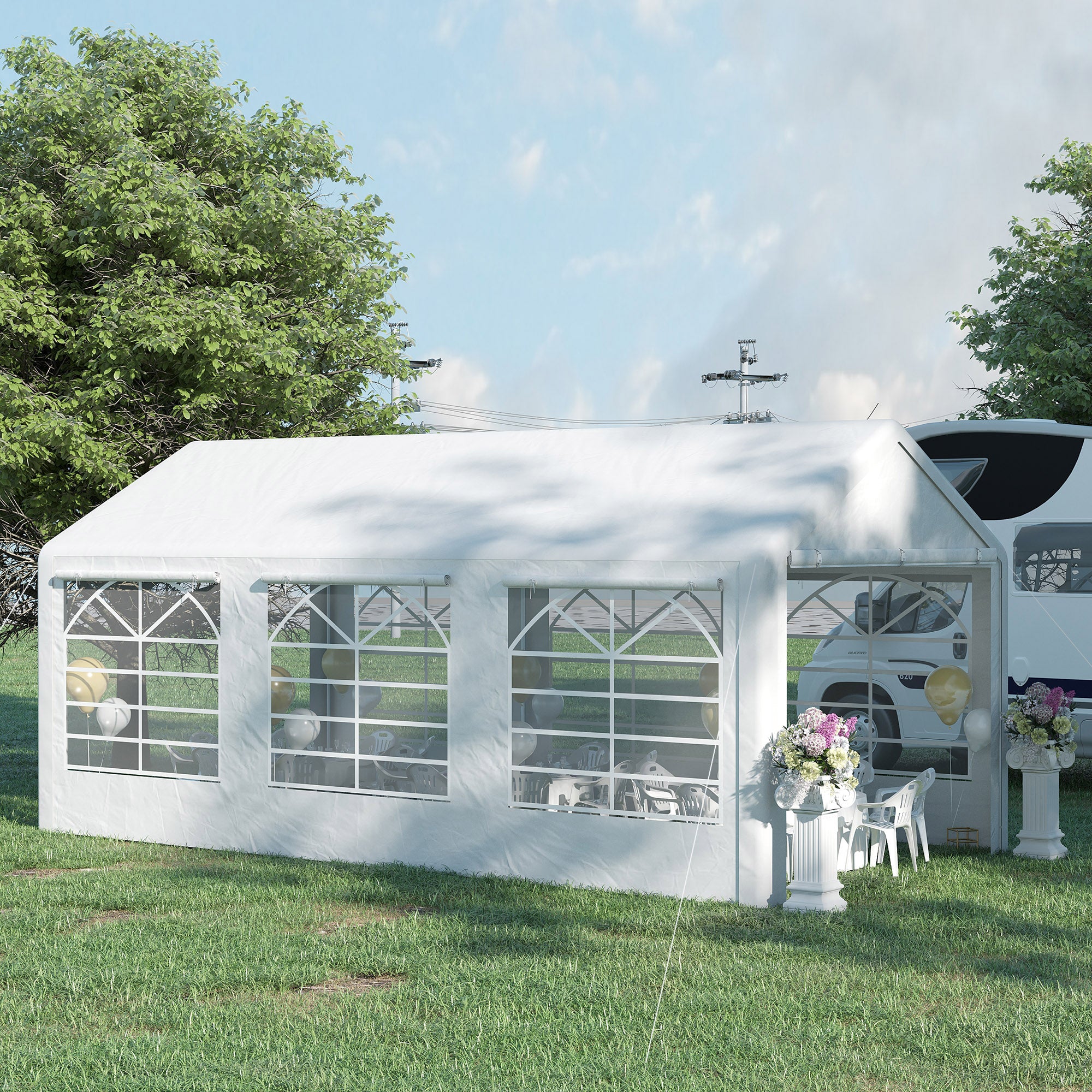 Outsunny 20â€?x 10â€?Heavy Duty Party Tent Outdoor Carport Canopy Shelter Gazobo with Sidewall, Zipper Door and Windows, White