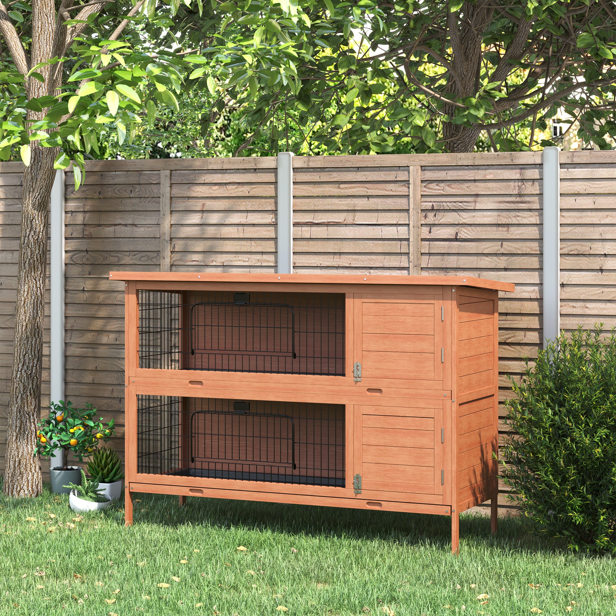 PawHut 54"L 2-Story Large Rabbit Hutch Bunny Cage Wooden Pet House Small Animal Habitat with Lockable Doors, No Leak Tray and Waterproof Roof for Outdoor/Indoor Orange