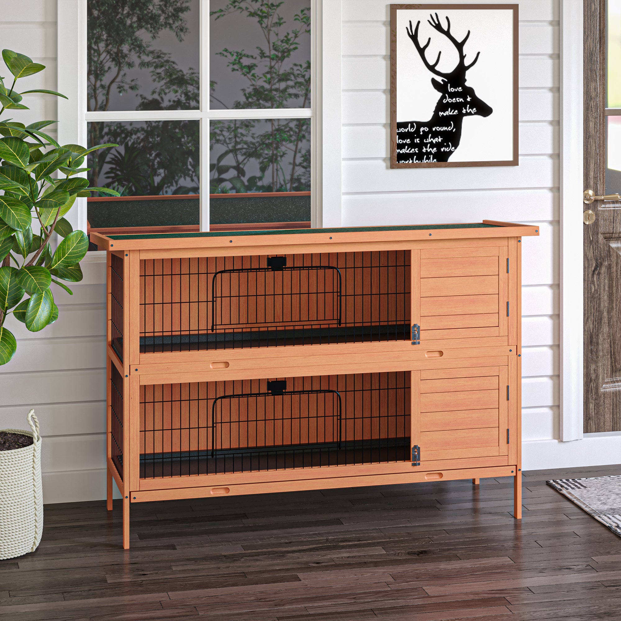 PawHut Rabbit Hutch Outdoor Guinea Pig Hutch Bunny Cage with No-Leak Trays, Divider, 136 x 50 x 93cm, Orange