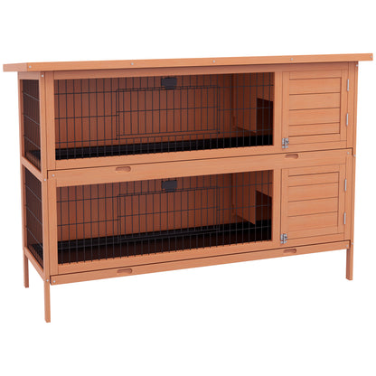 PawHut 54"L 2-Story Large Rabbit Hutch Bunny Cage Wooden Pet House Small Animal Habitat with Lockable Doors, No Leak Tray and Waterproof Roof for Outdoor/Indoor Orange