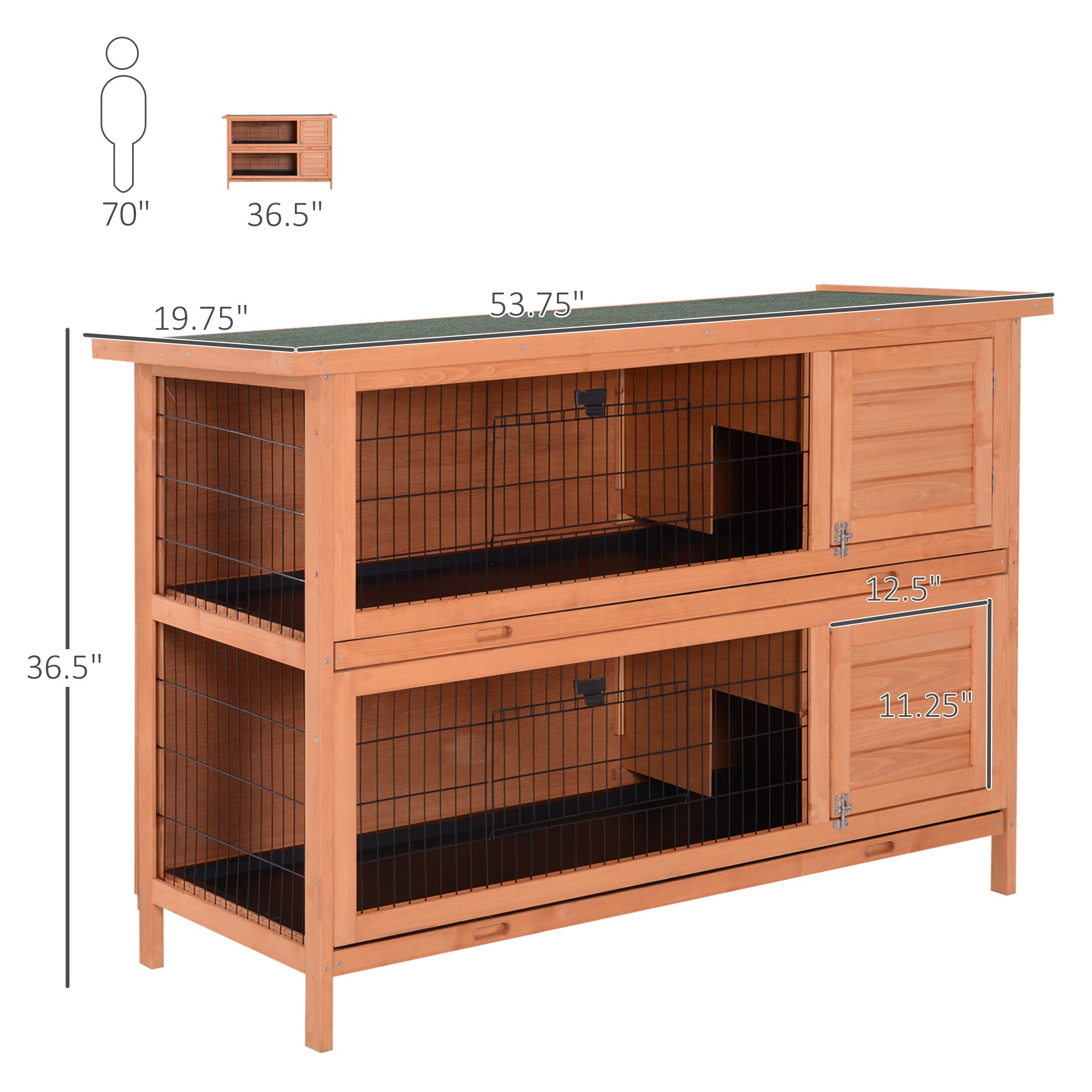 PawHut 54"L 2-Story Large Rabbit Hutch Bunny Cage Wooden Pet House Small Animal Habitat with Lockable Doors, No Leak Tray and Waterproof Roof for Outdoor/Indoor Orange