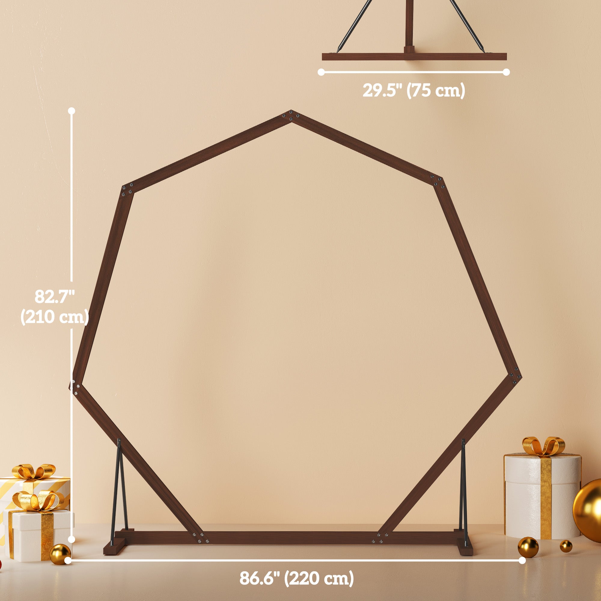 Outsunny 7FT Wedding Arch, Heptagon Wooden Arch for Ceremony, Arch Backdrop Stand with Triangular Base, Ground Stakes for Garden, Birthday, Party, Brown