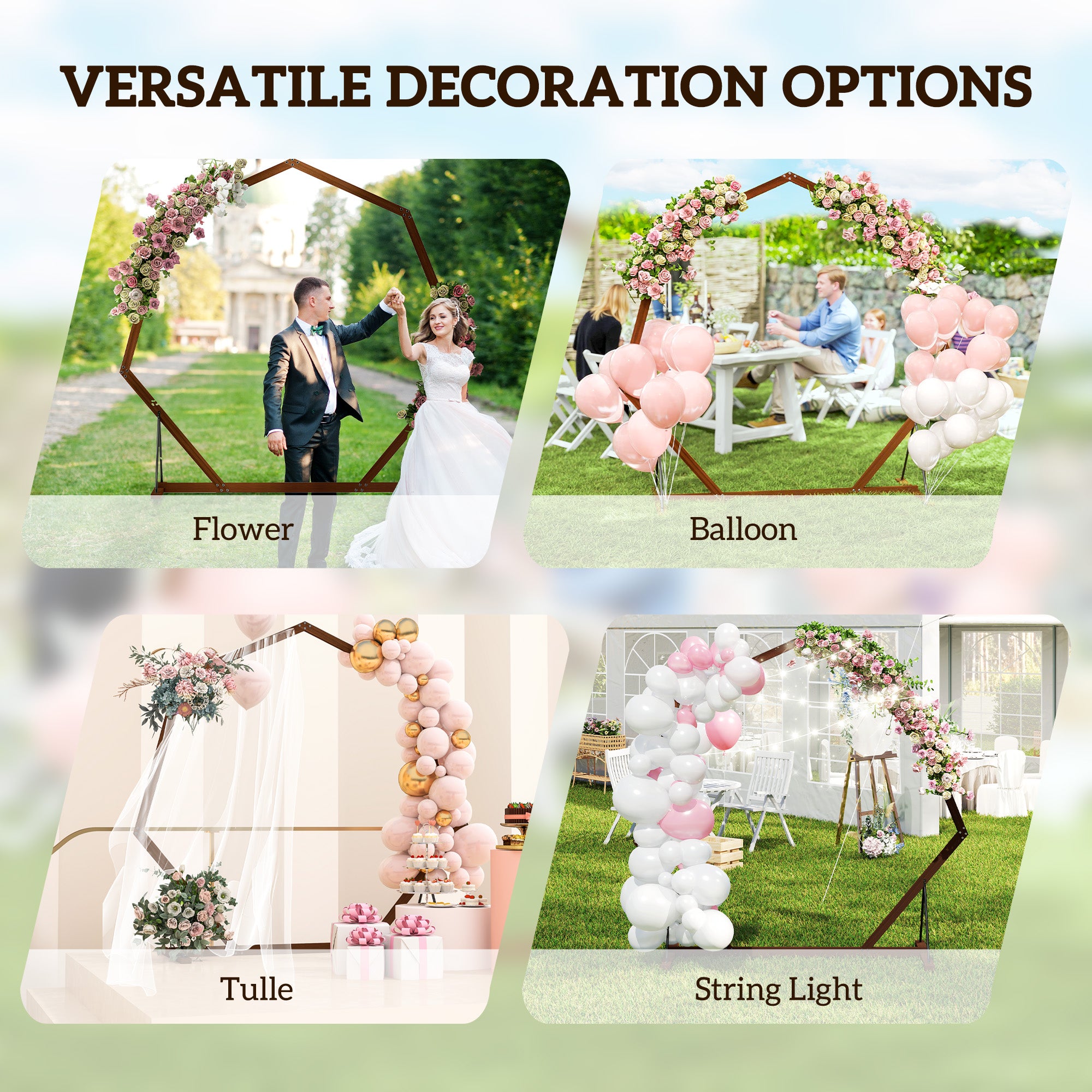 Outsunny 7FT Wedding Arch, Heptagon Wooden Arch for Ceremony, Arch Backdrop Stand with Triangular Base, Ground Stakes for Garden, Birthday, Party, Brown
