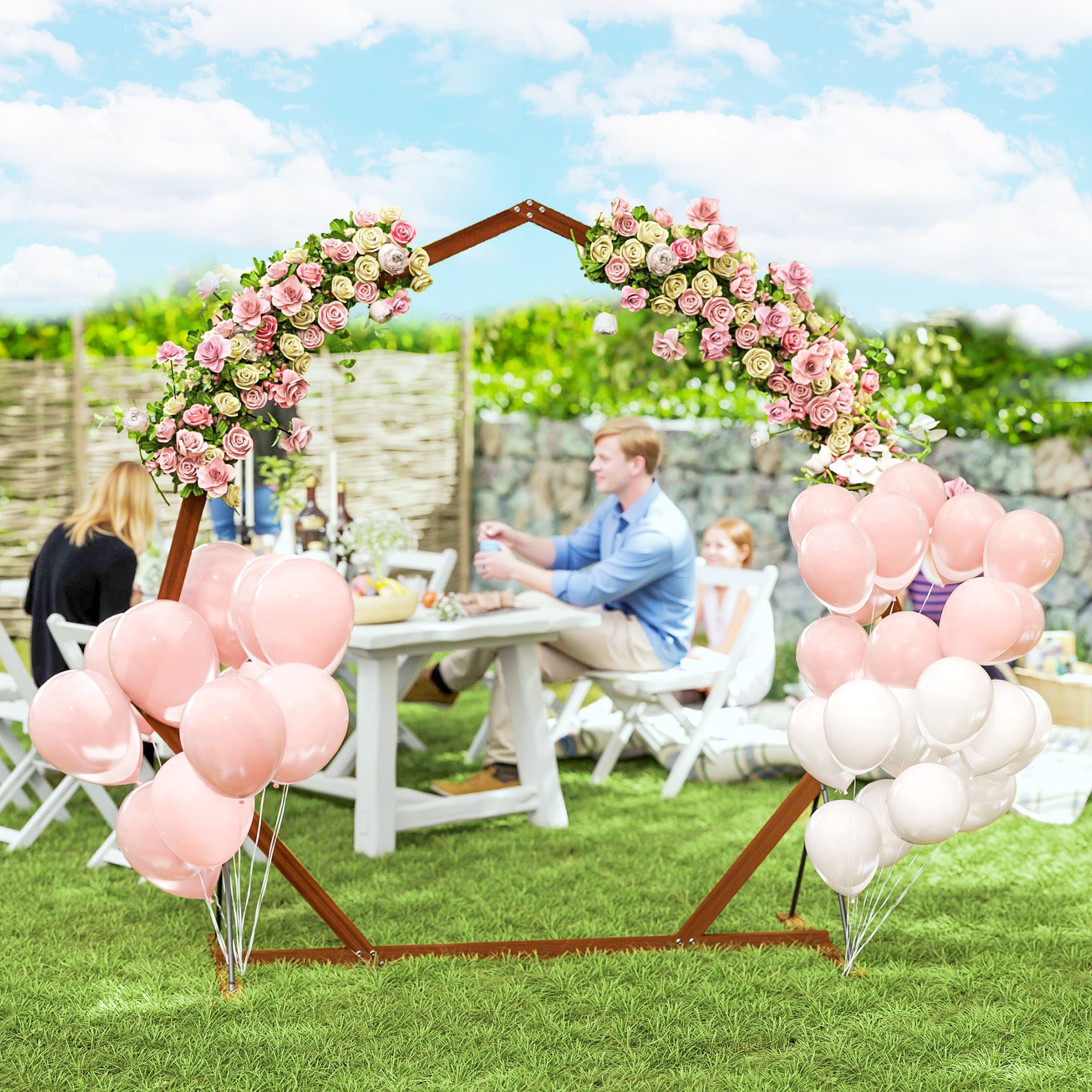 Outsunny 7FT Wedding Arch, Heptagon Wooden Arch for Ceremony, Arch Backdrop Stand with Triangular Base, Ground Stakes for Garden, Birthday, Party, Brown