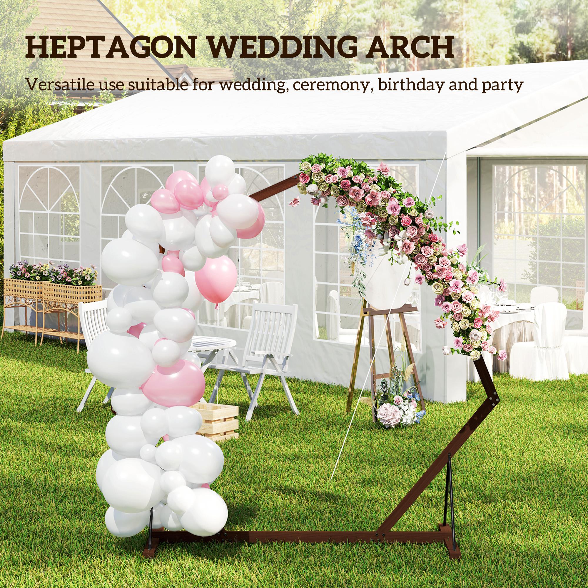 Outsunny 7FT Wedding Arch, Heptagon Wooden Arch for Ceremony, Arch Backdrop Stand with Triangular Base, Ground Stakes for Garden, Birthday, Party, Brown