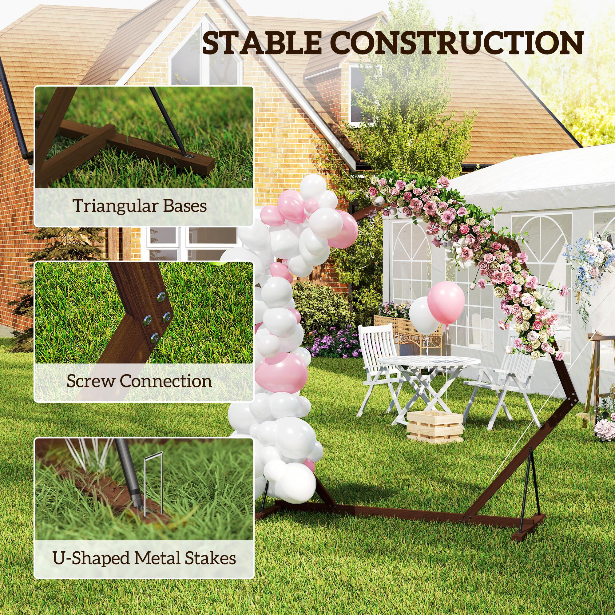 Outsunny 7FT Wedding Arch, Heptagon Wooden Arch for Ceremony, Arch Backdrop Stand with Triangular Base, Ground Stakes for Garden, Birthday, Party, Brown
