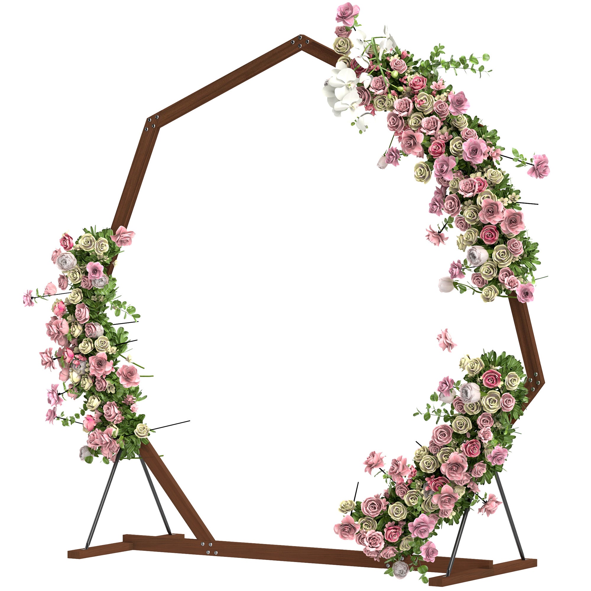 Outsunny 7FT Wedding Arch, Heptagon Wooden Arch for Ceremony, Arch Backdrop Stand with Triangular Base, Ground Stakes for Garden, Birthday, Party, Brown