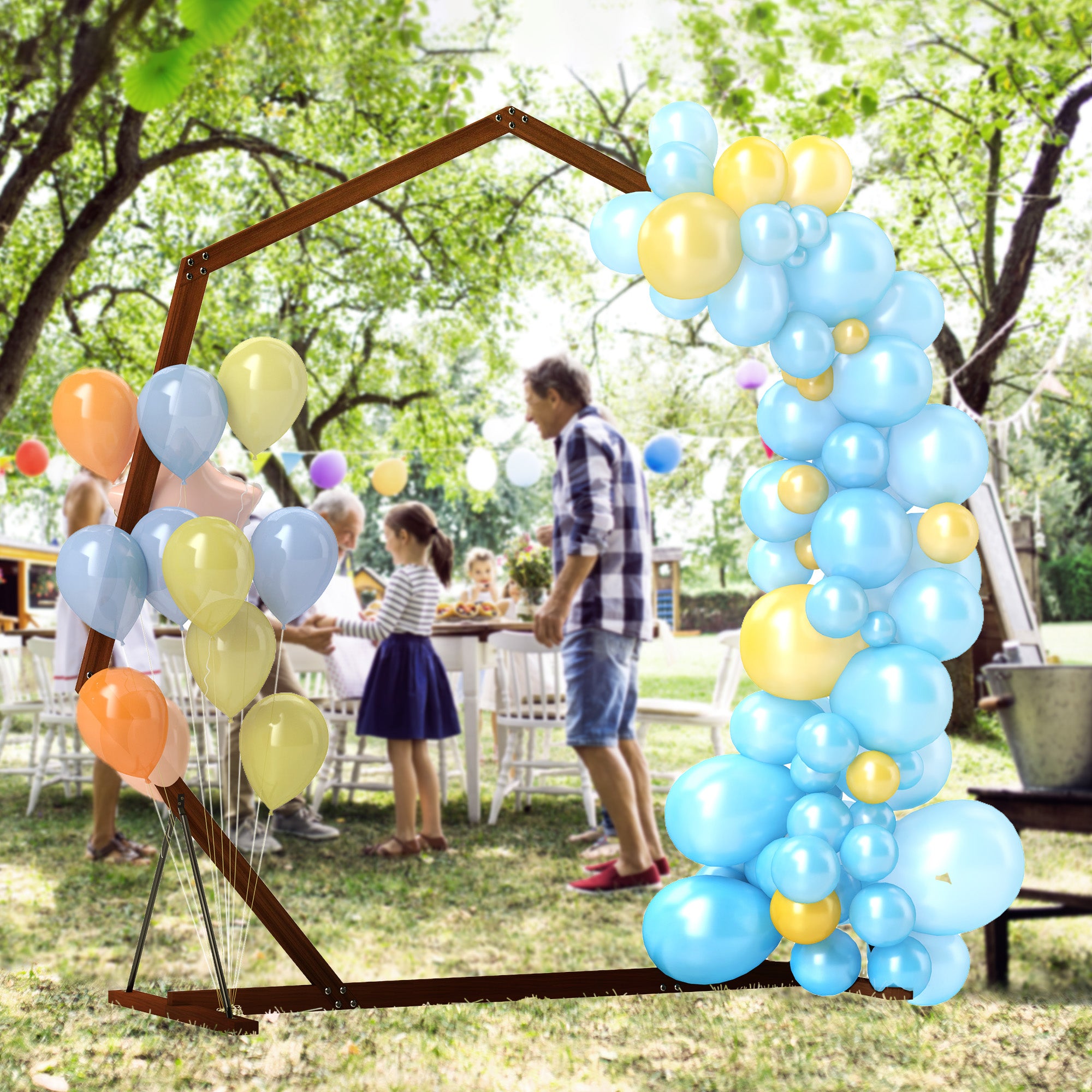 Outsunny 7FT Wedding Arch, Heptagon Wooden Arch for Ceremony, Arch Backdrop Stand with Triangular Base, Ground Stakes for Garden, Birthday, Party, Brown