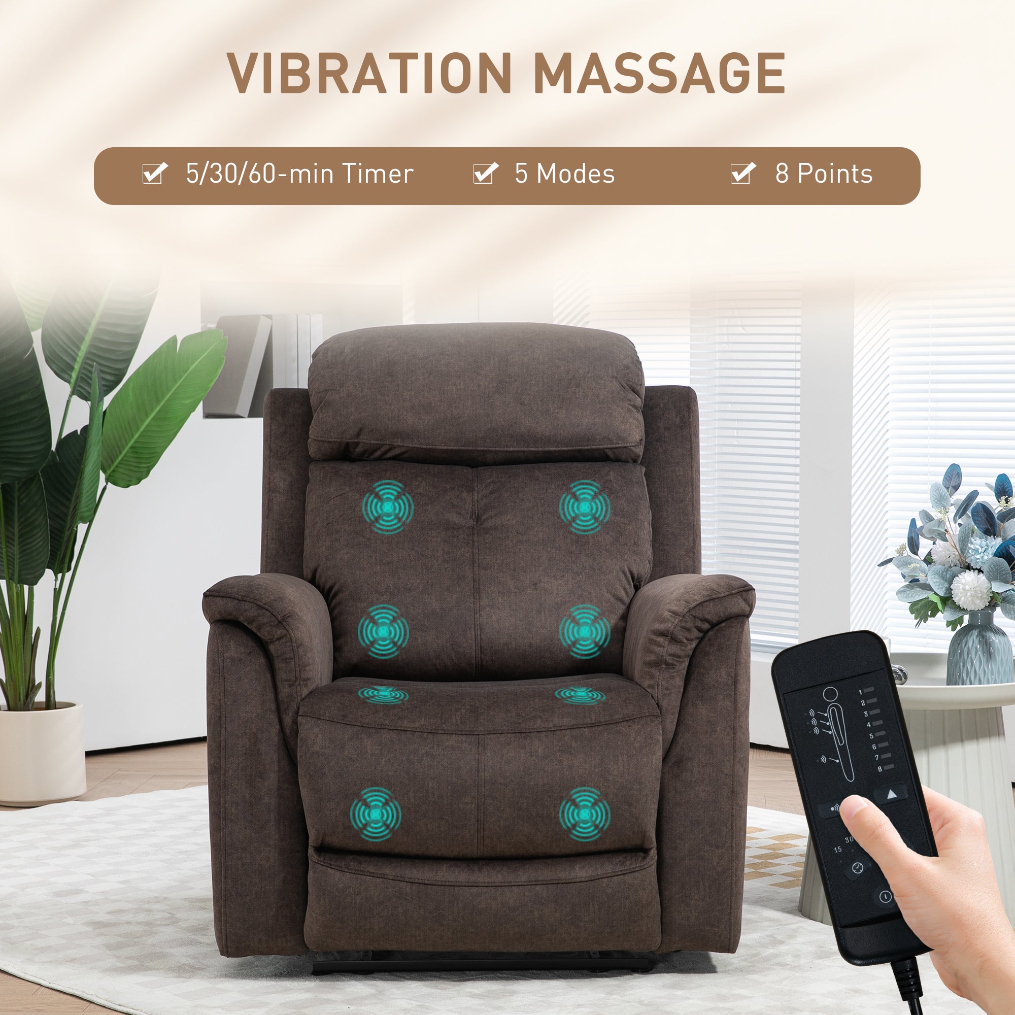 HOMCOM Massage Recliner Chair with 8-Point Vibration, Manual Fabric Reclining Chair for Living Room with Side Pockets, Remote Control, Retractable Footrest, Dark Brown