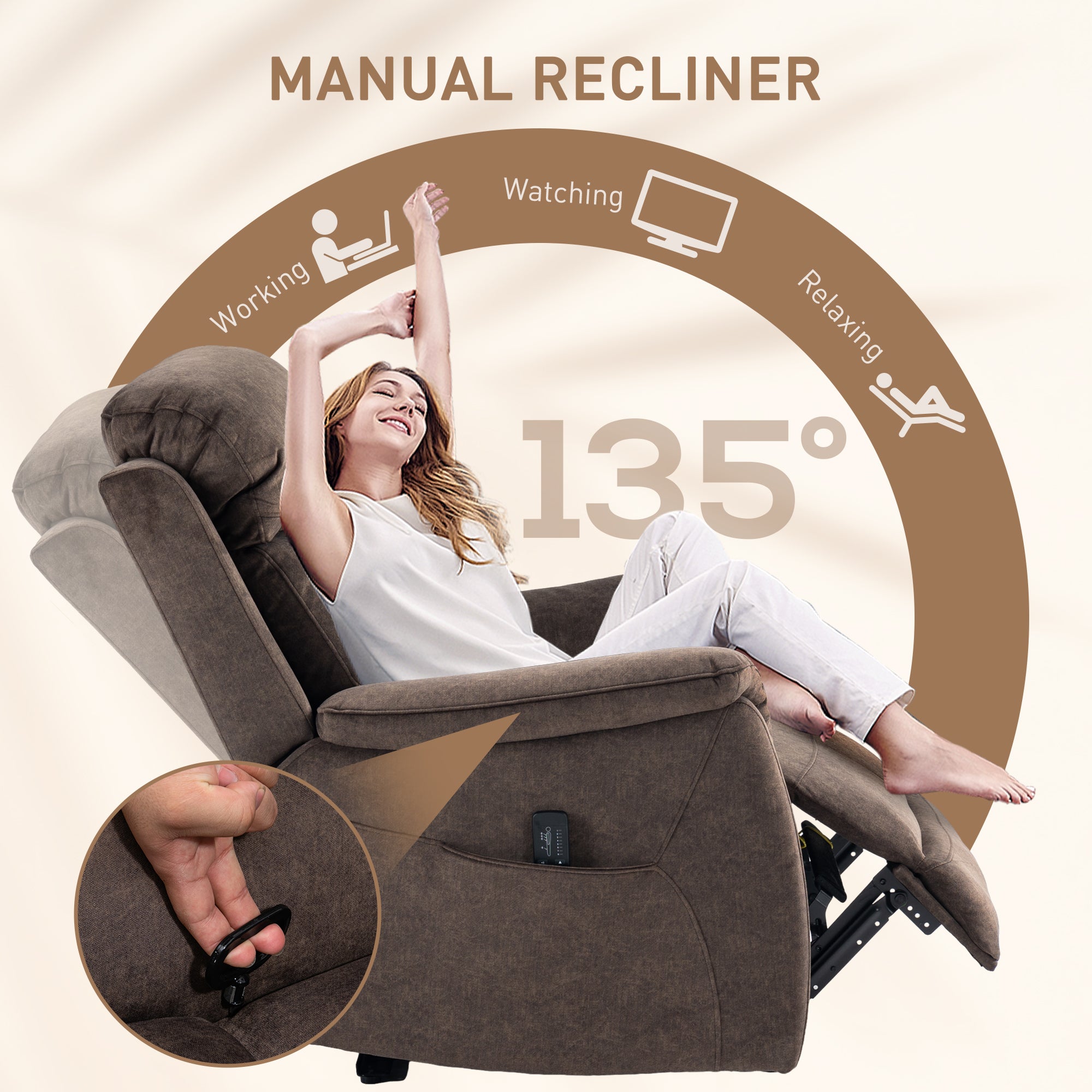 HOMCOM Massage Recliner Chair with 8-Point Vibration, Manual Fabric Reclining Chair for Living Room with Side Pockets, Remote Control, Retractable Footrest, Dark Brown