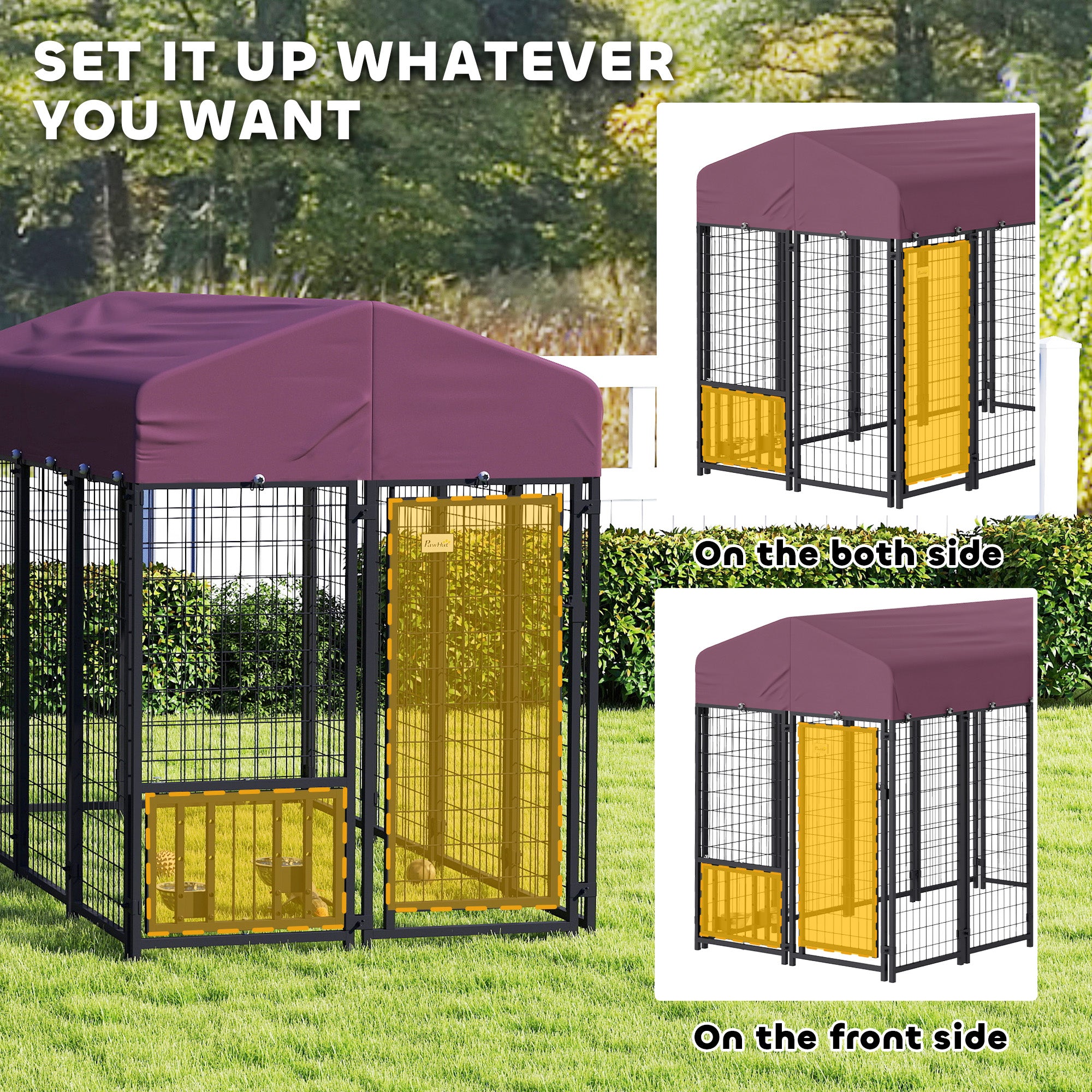 PawHut 7.9' x 4' x 6' Outdoor Dog Kennel, Welded Wire Heavy Duty Dog Run with 360° Rotating & 4 Level Adjustable Bowls, Dog Kennel Outside with Waterproof & UV Resistant Cover, for S&M&L Dogs