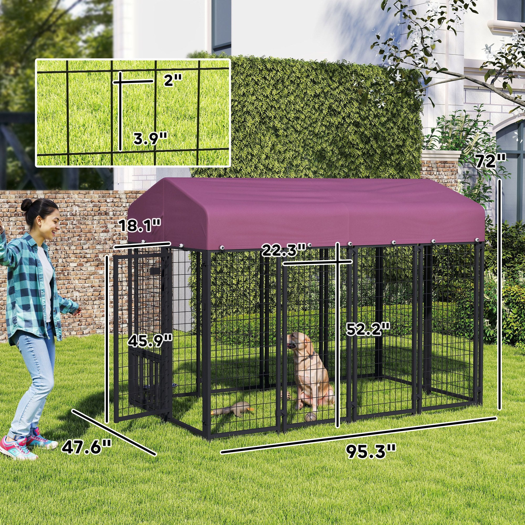 PawHut 7.9' x 4' x 6' Outdoor Dog Kennel, Welded Wire Heavy Duty Dog Run with 360° Rotating & 4 Level Adjustable Bowls, Dog Kennel Outside with Waterproof & UV Resistant Cover, for S&M&L Dogs