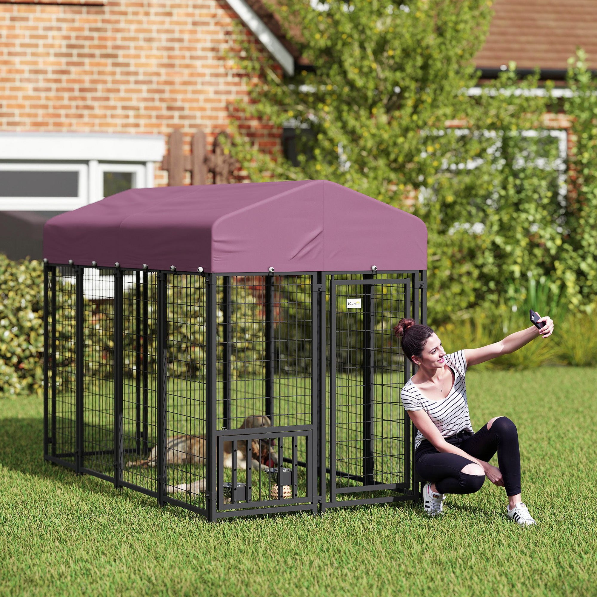 PawHut 7.9' x 4' x 6' Outdoor Dog Kennel, Welded Wire Heavy Duty Dog Run with 360° Rotating & 4 Level Adjustable Bowls, Dog Kennel Outside with Waterproof & UV Resistant Cover, for S&M&L Dogs