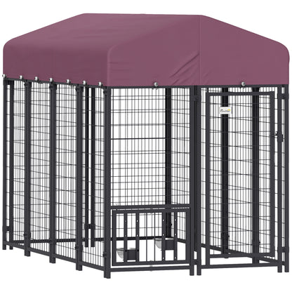 PawHut 7.9' x 4' x 6' Outdoor Dog Kennel, Welded Wire Heavy Duty Dog Run with 360° Rotating & 4 Level Adjustable Bowls, Dog Kennel Outside with Waterproof & UV Resistant Cover, for S&M&L Dogs
