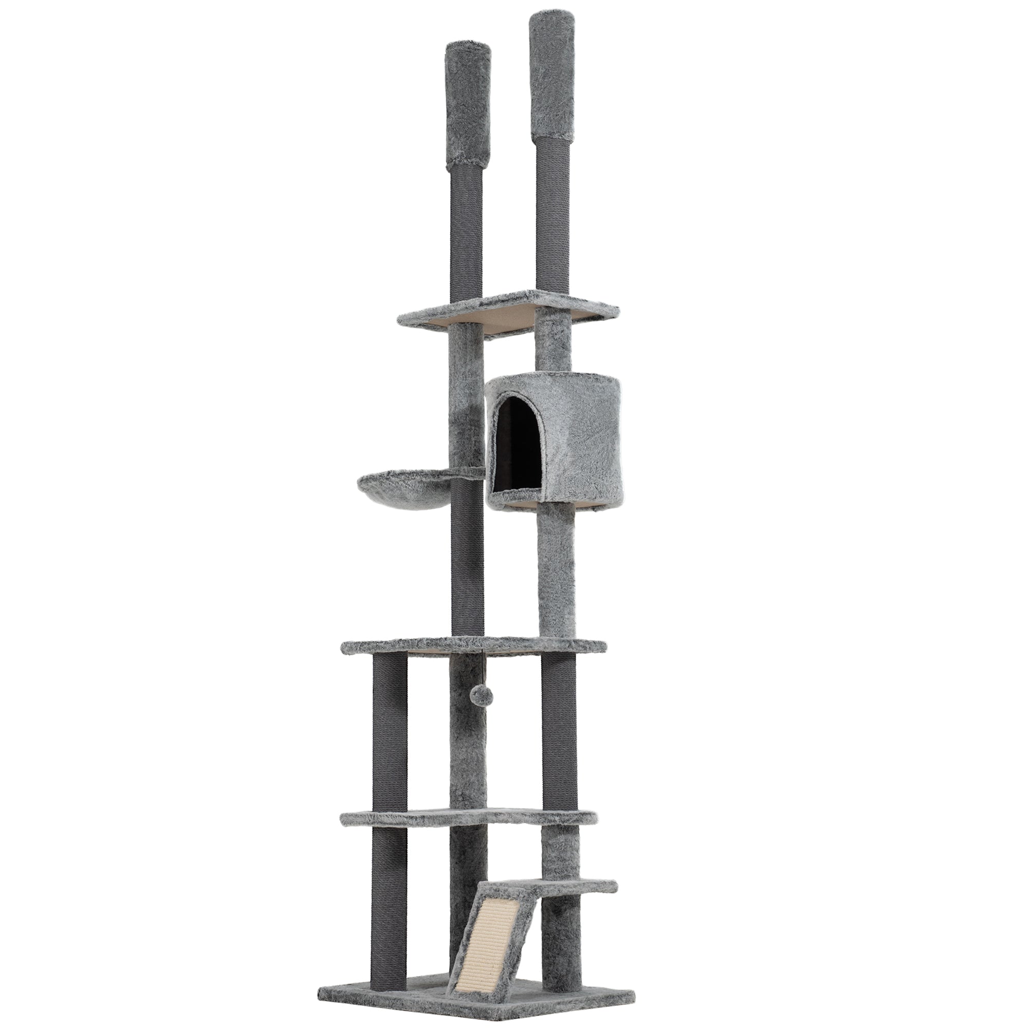 PawHut Floor to Ceiling Cat Tree, 225-255cm Height Adjustable Large Cat Tower 6 Levels Activity Centre for Indoor Cats with Cat Scratching Posts Ramp, Condo Hammock, Play Balls - Grey