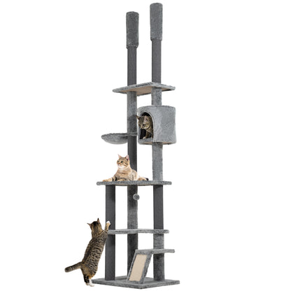 PawHut Floor to Ceiling Cat Tree, 225-255cm Height Adjustable Large Cat Tower 6 Levels Activity Centre for Indoor Cats with Cat Scratching Posts Ramp, Condo Hammock, Play Balls - Grey