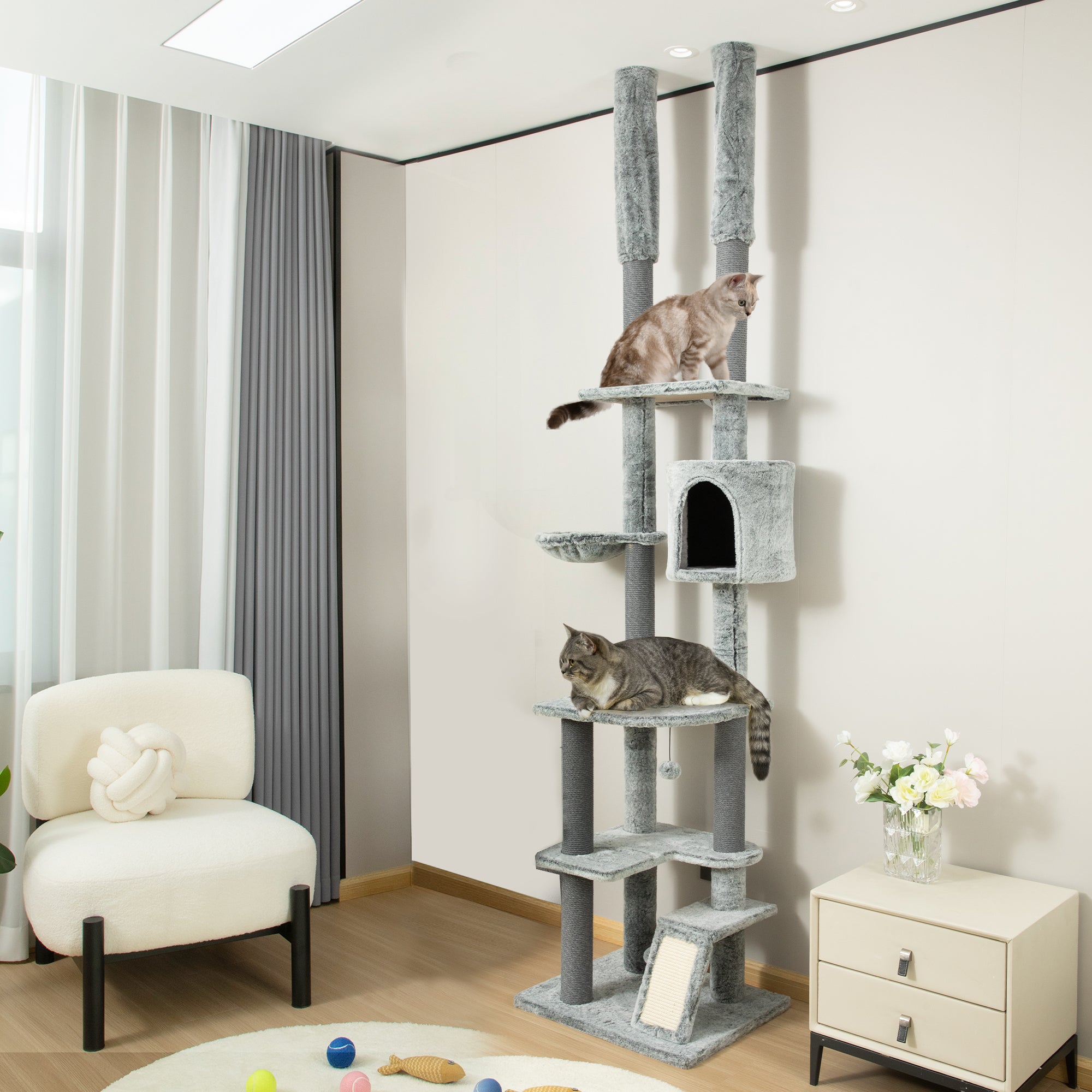PawHut Floor to Ceiling Cat Tree, 225-255cm Height Adjustable Large Cat Tower 6 Levels Activity Centre for Indoor Cats with Cat Scratching Posts Ramp, Condo Hammock, Play Balls - Grey