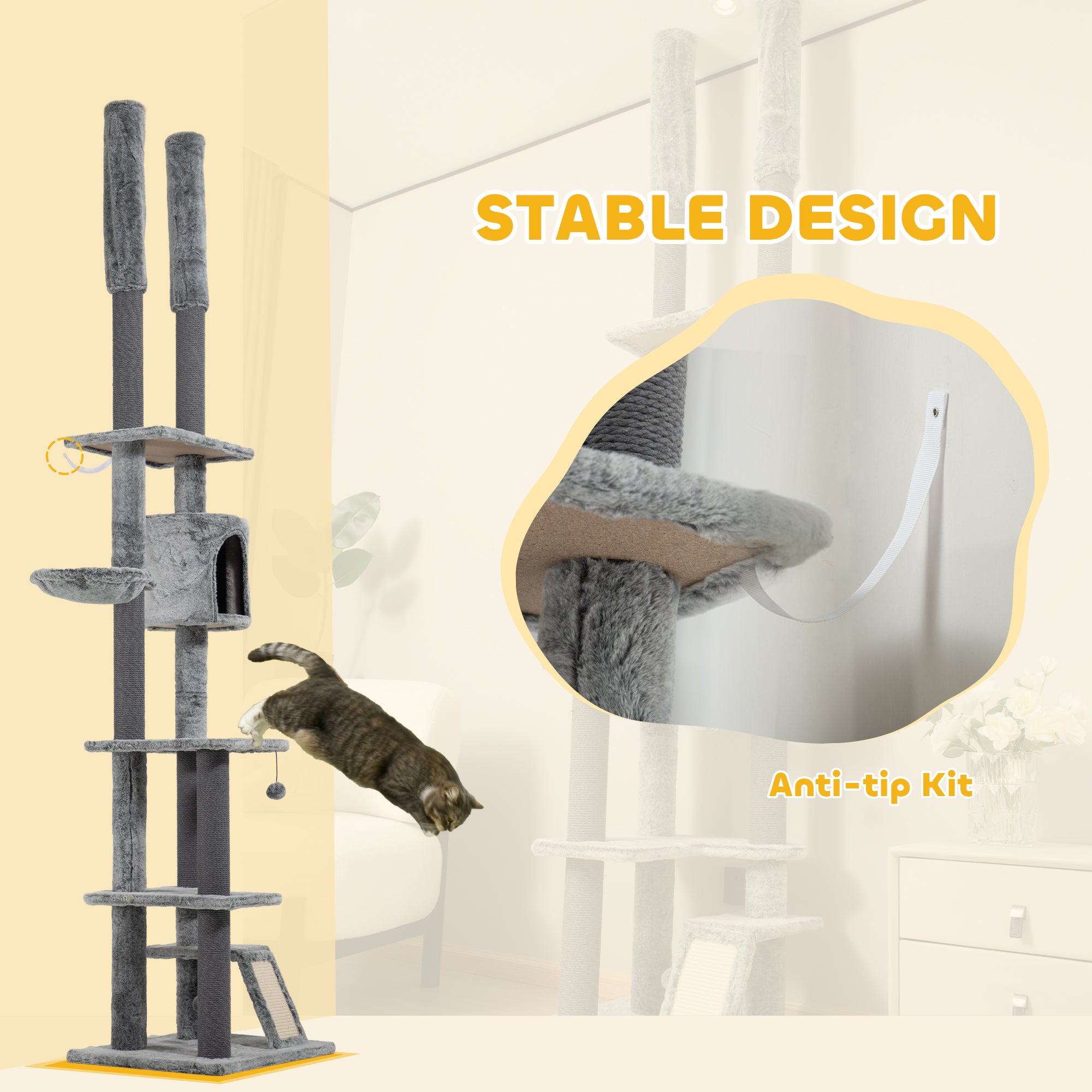 PawHut Floor to Ceiling Cat Tree, 225-255cm Height Adjustable Large Cat Tower 6 Levels Activity Centre for Indoor Cats with Cat Scratching Posts Ramp, Condo Hammock, Play Balls - Grey