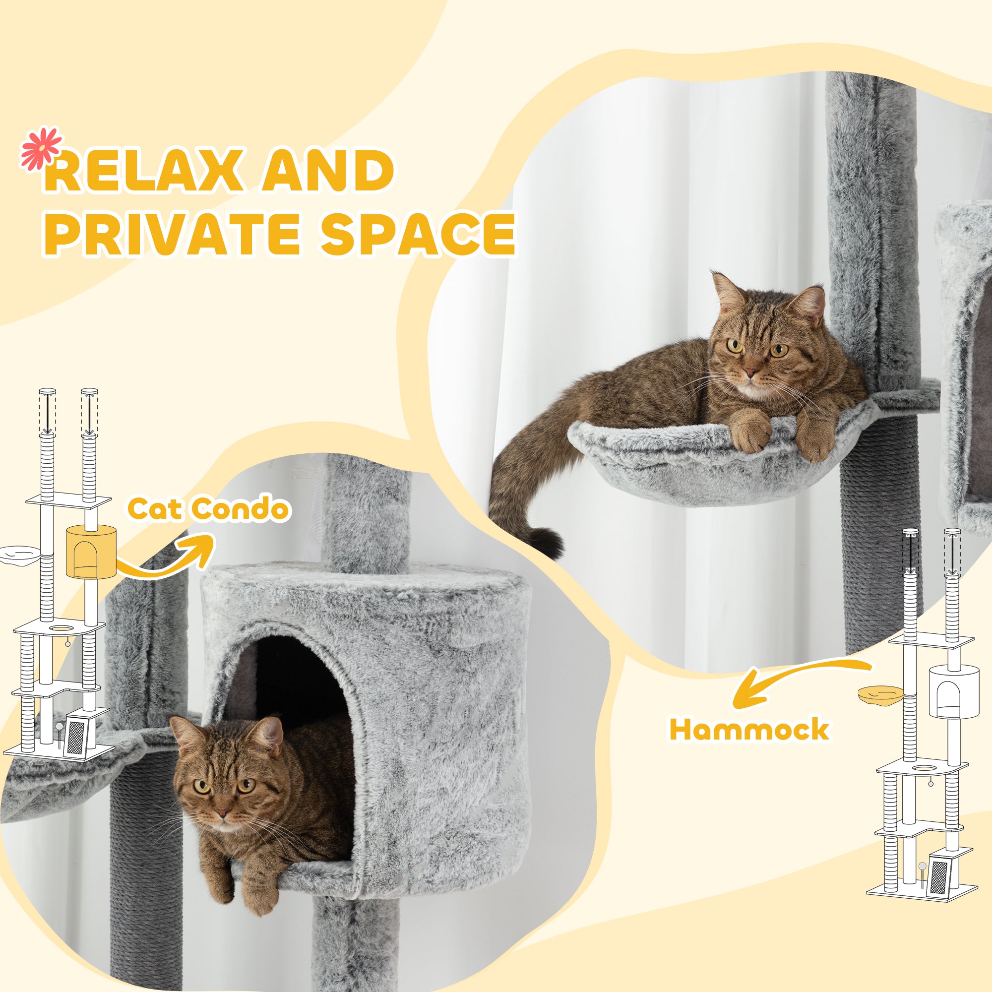 PawHut Floor to Ceiling Cat Tree, 225-255cm Height Adjustable Large Cat Tower 6 Levels Activity Centre for Indoor Cats with Cat Scratching Posts Ramp, Condo Hammock, Play Balls - Grey