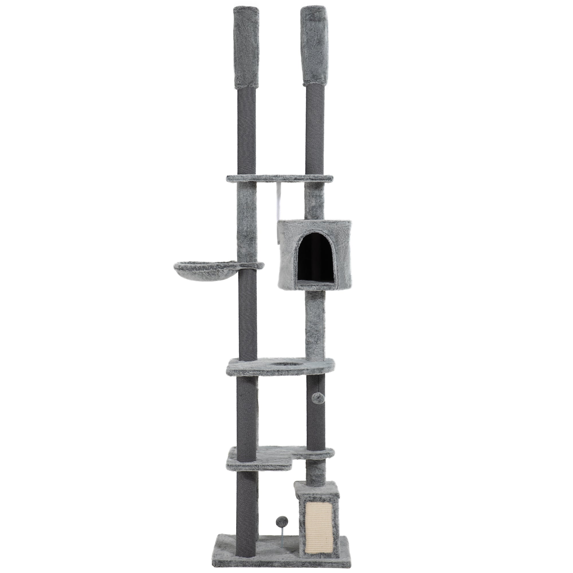 PawHut Floor to Ceiling Cat Tree, 225-255cm Height Adjustable Large Cat Tower 6 Levels Activity Centre for Indoor Cats with Cat Scratching Posts Ramp, Condo Hammock, Play Balls - Grey