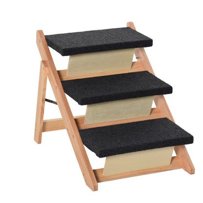 PawHut Wood Pet Stairs 2 In 1 Convertible Dog Steps and Carpeted Ramp Portable Foldable 3 Level Cat Ladder for High Bed Couch Car