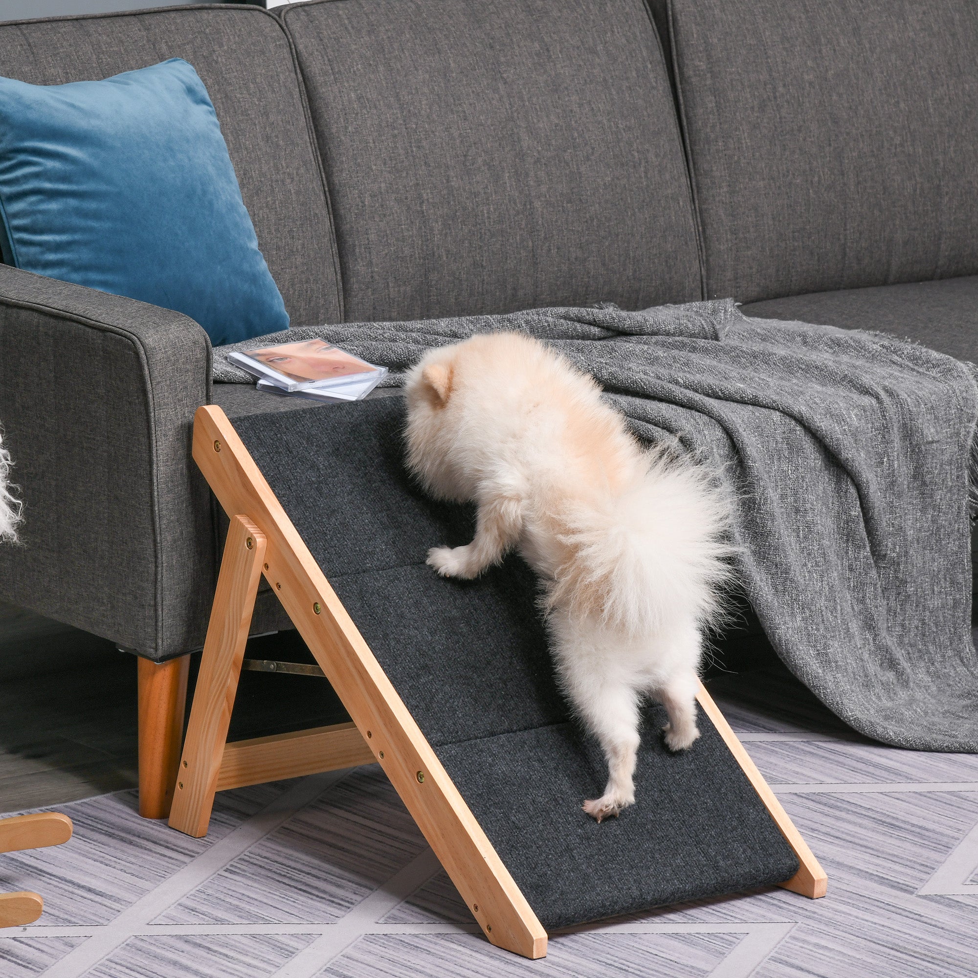 PawHut Wood Pet Stairs 2 In 1 Convertible Dog Steps and Carpeted Ramp Portable Foldable 3 Level Cat Ladder for High Bed Couch Car