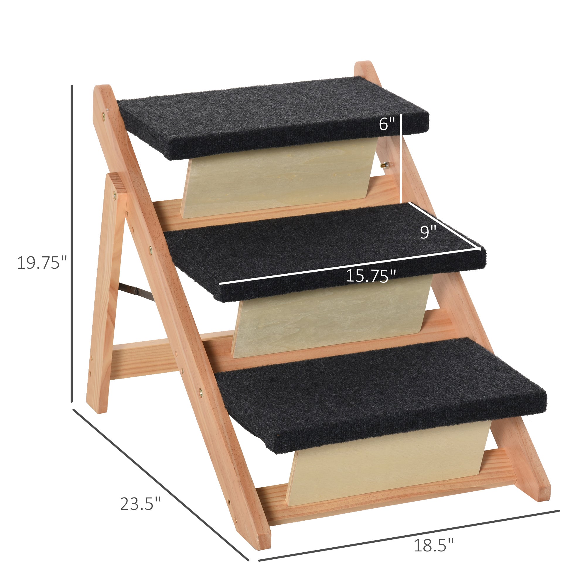 PawHut Wood Pet Stairs 2 In 1 Convertible Dog Steps and Carpeted Ramp Portable Foldable 3 Level Cat Ladder for High Bed Couch Car