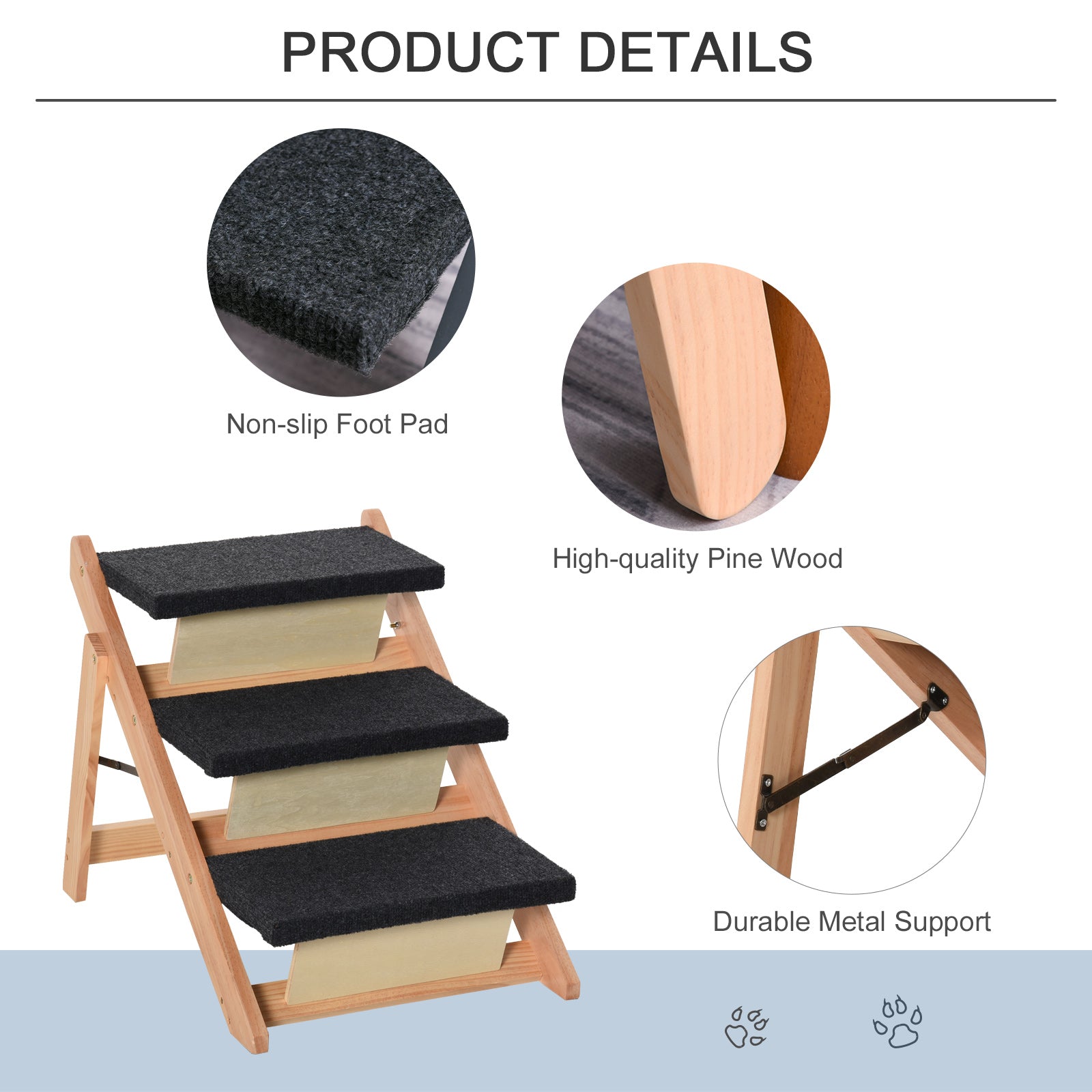 PawHut Wood Pet Stairs 2 In 1 Convertible Dog Steps and Carpeted Ramp Portable Foldable 3 Level Cat Ladder for High Bed Couch Car