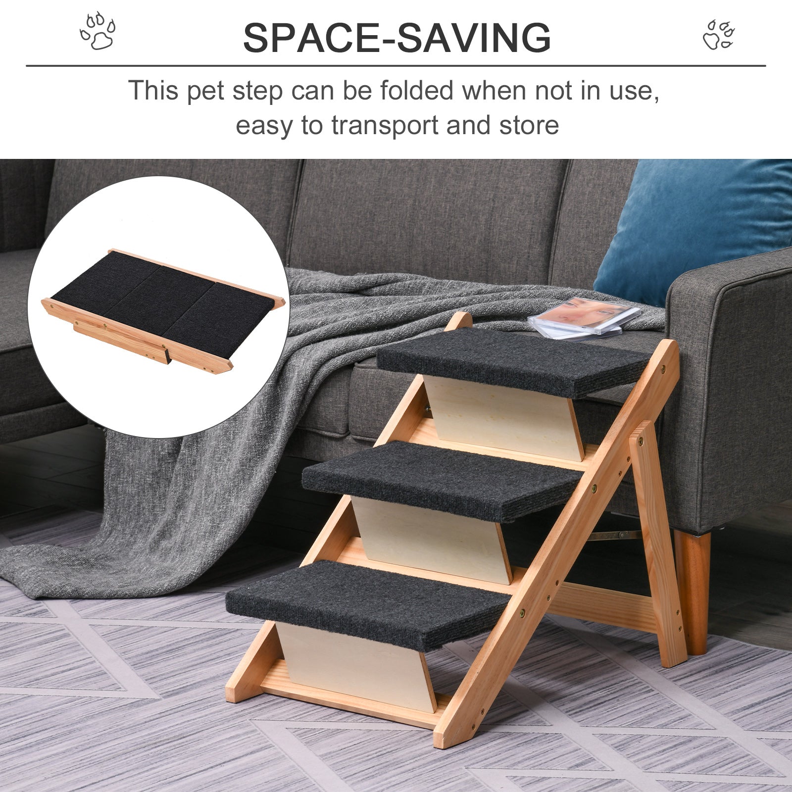 PawHut Wood Pet Stairs 2 In 1 Convertible Dog Steps and Carpeted Ramp Portable Foldable 3 Level Cat Ladder for High Bed Couch Car