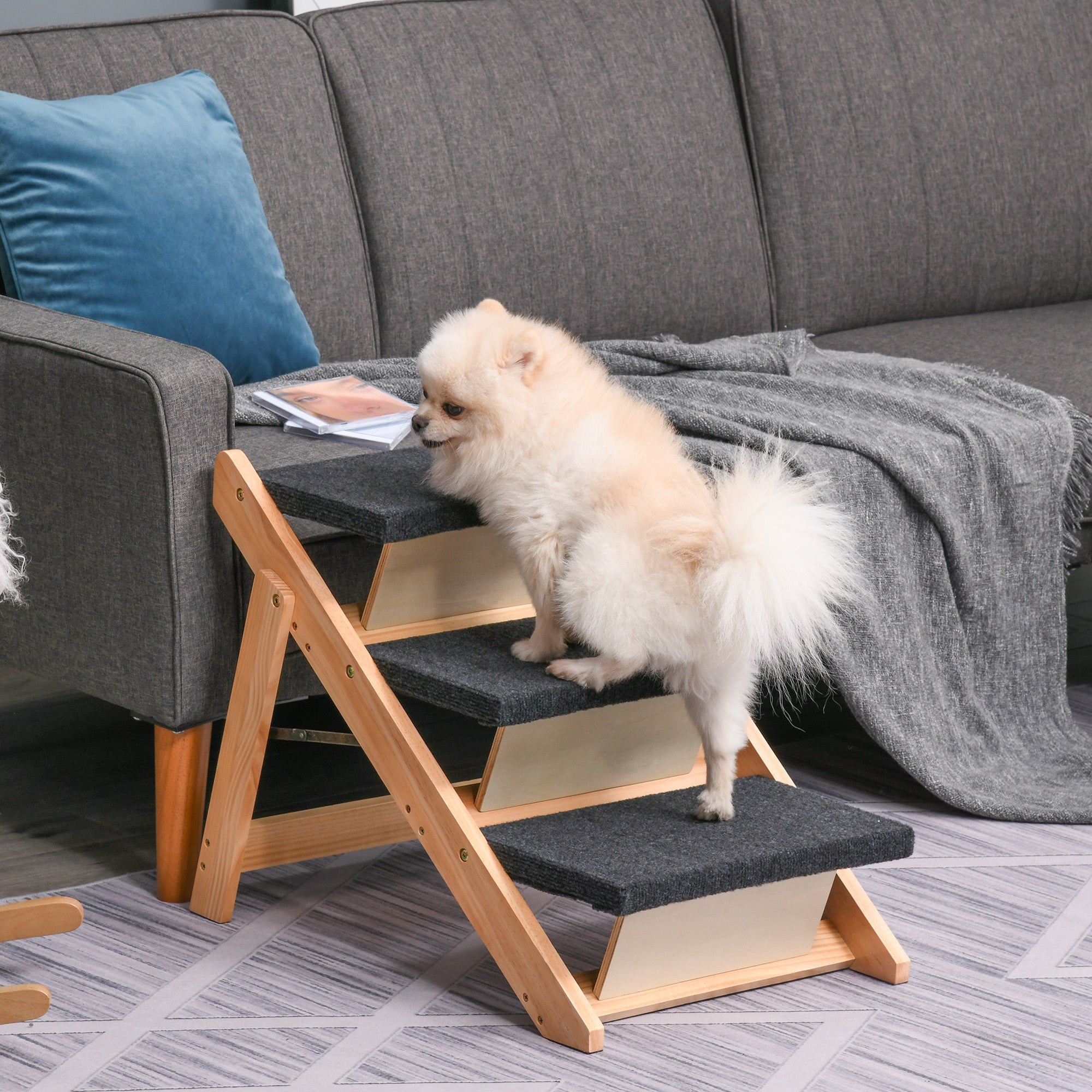 PawHut Wood Pet Stairs 2 In 1 Convertible Dog Steps and Carpeted Ramp Portable Foldable 3 Level Cat Ladder for High Bed Couch Car