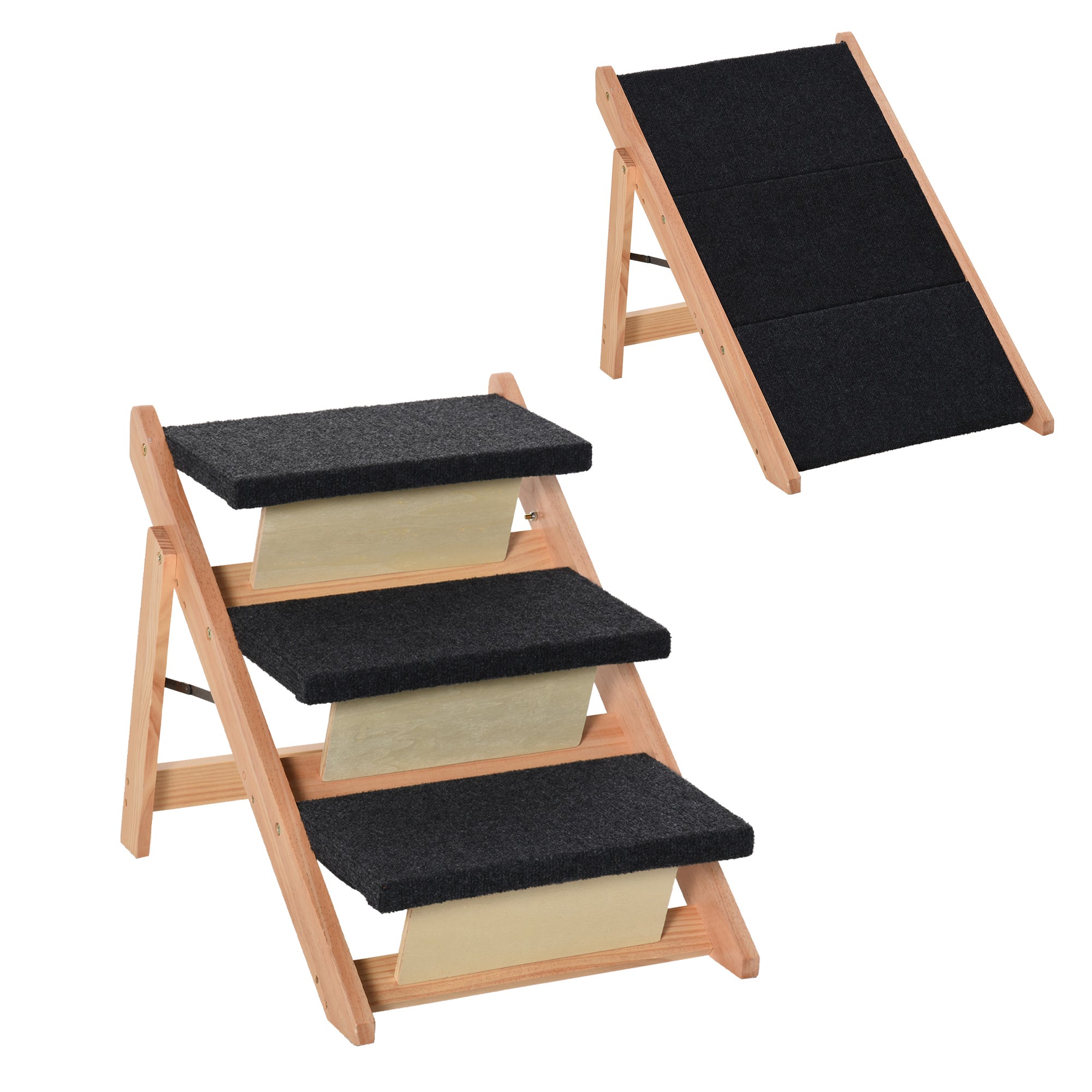PawHut Wood Pet Stairs 2 In 1 Convertible Dog Steps and Carpeted Ramp Portable Foldable 3 Level Cat Ladder for High Bed Couch Car