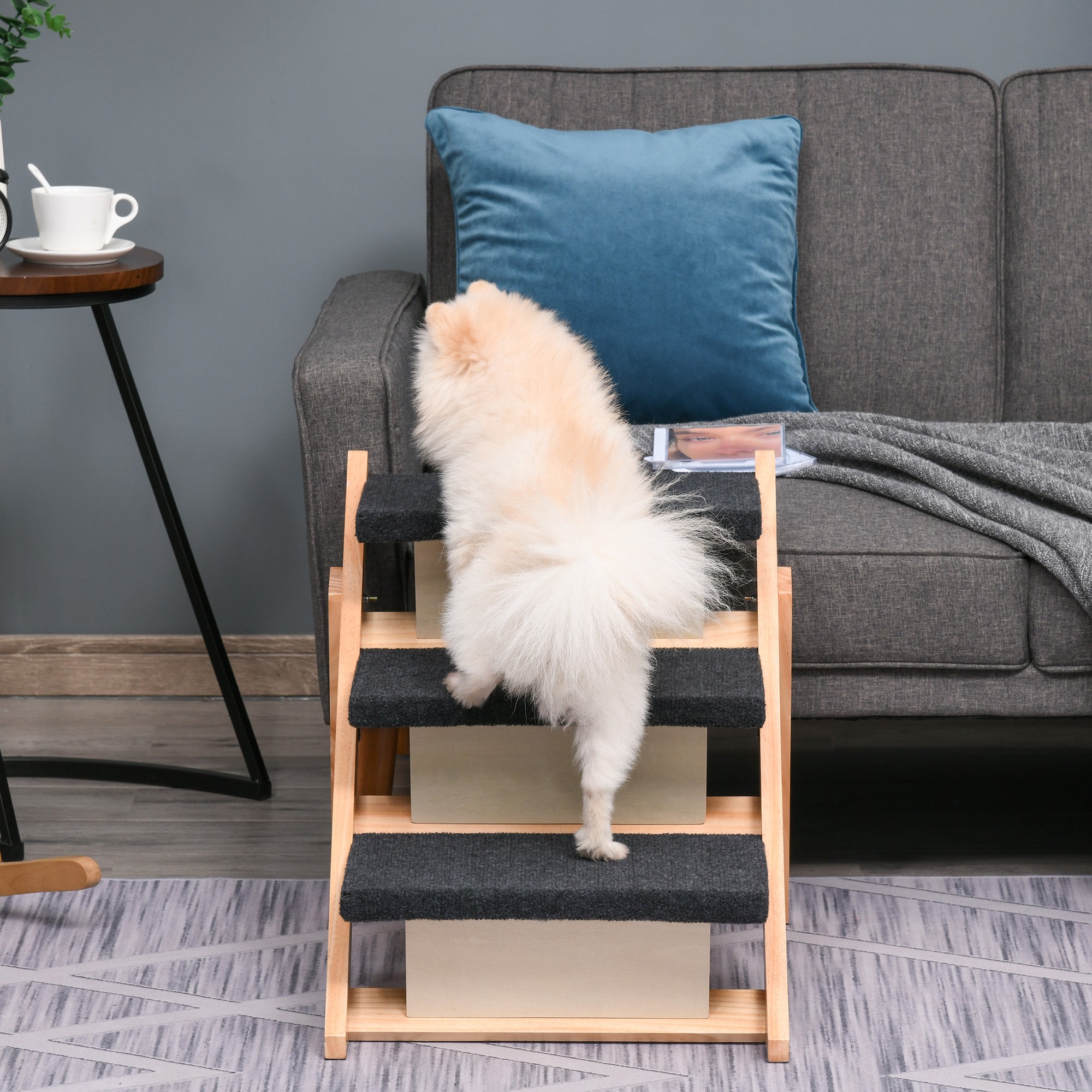 PawHut Wood Pet Stairs 2 In 1 Convertible Dog Steps and Carpeted Ramp Portable Foldable 3 Level Cat Ladder for High Bed Couch Car