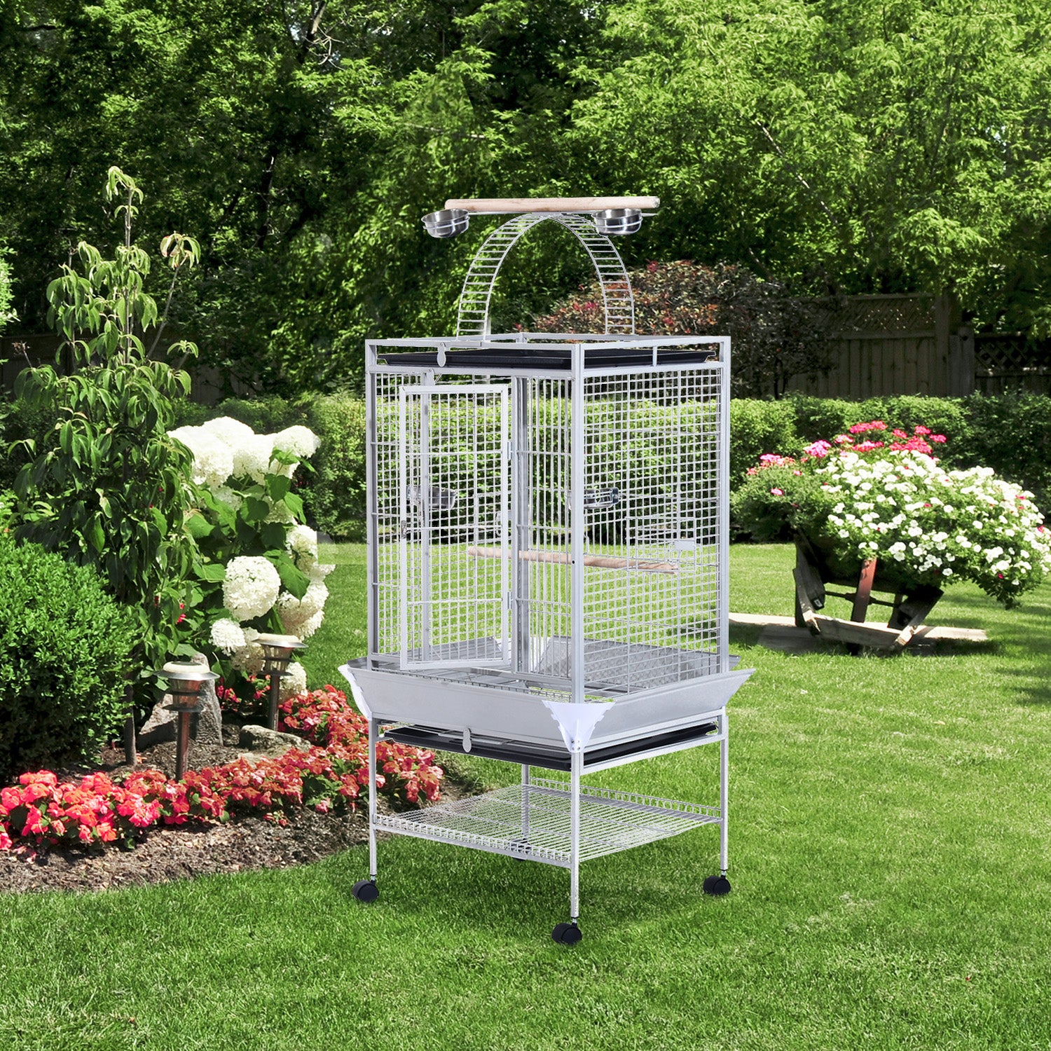 PawHut 64 Inch Bird Cage Parakeet House for Cockatiel with Stand, Pull Out Tray, Play Top, Storage Shelf, Wood Perch, Food Container, Silver