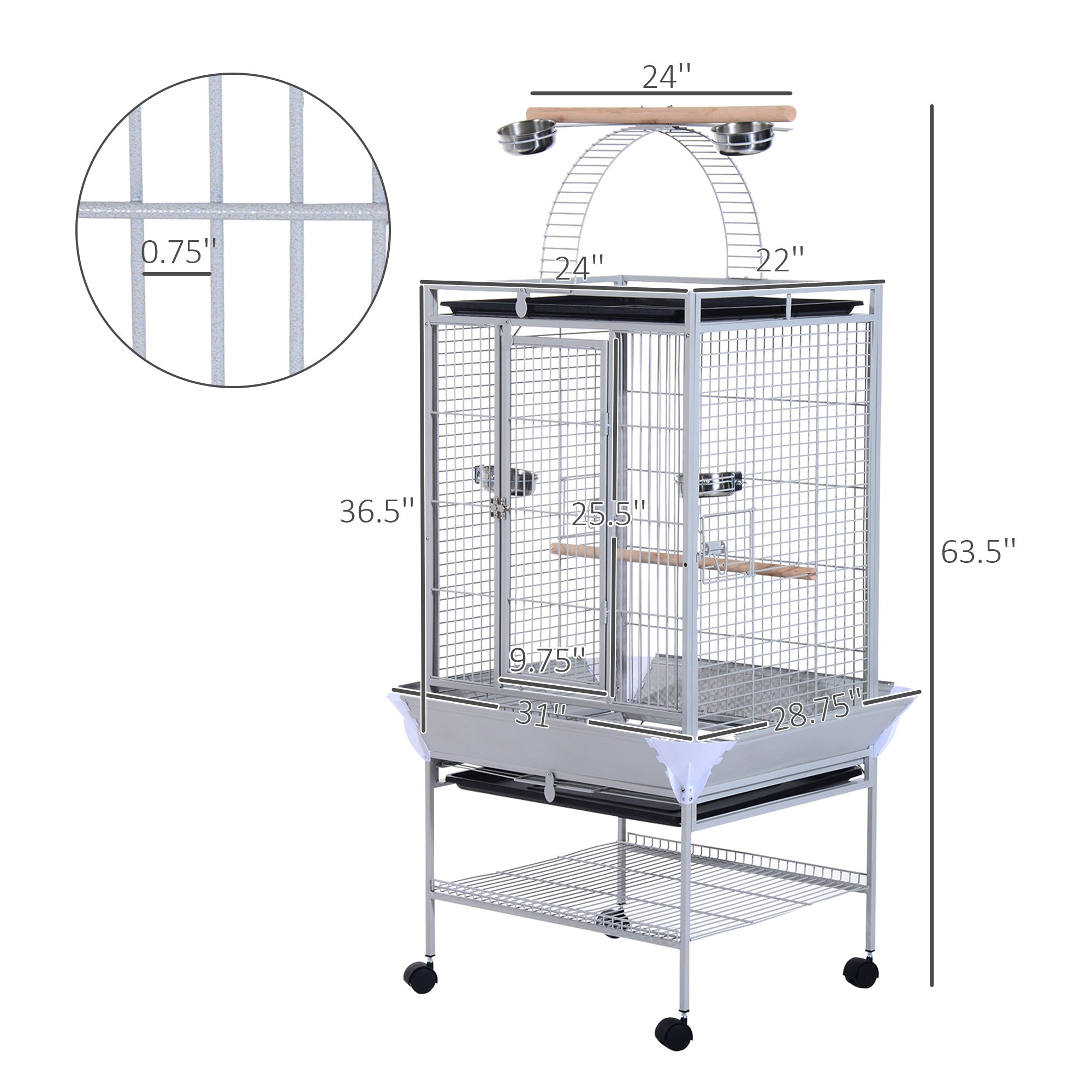 PawHut 64 Inch Bird Cage Parakeet House for Cockatiel with Stand, Pull Out Tray, Play Top, Storage Shelf, Wood Perch, Food Container, Silver