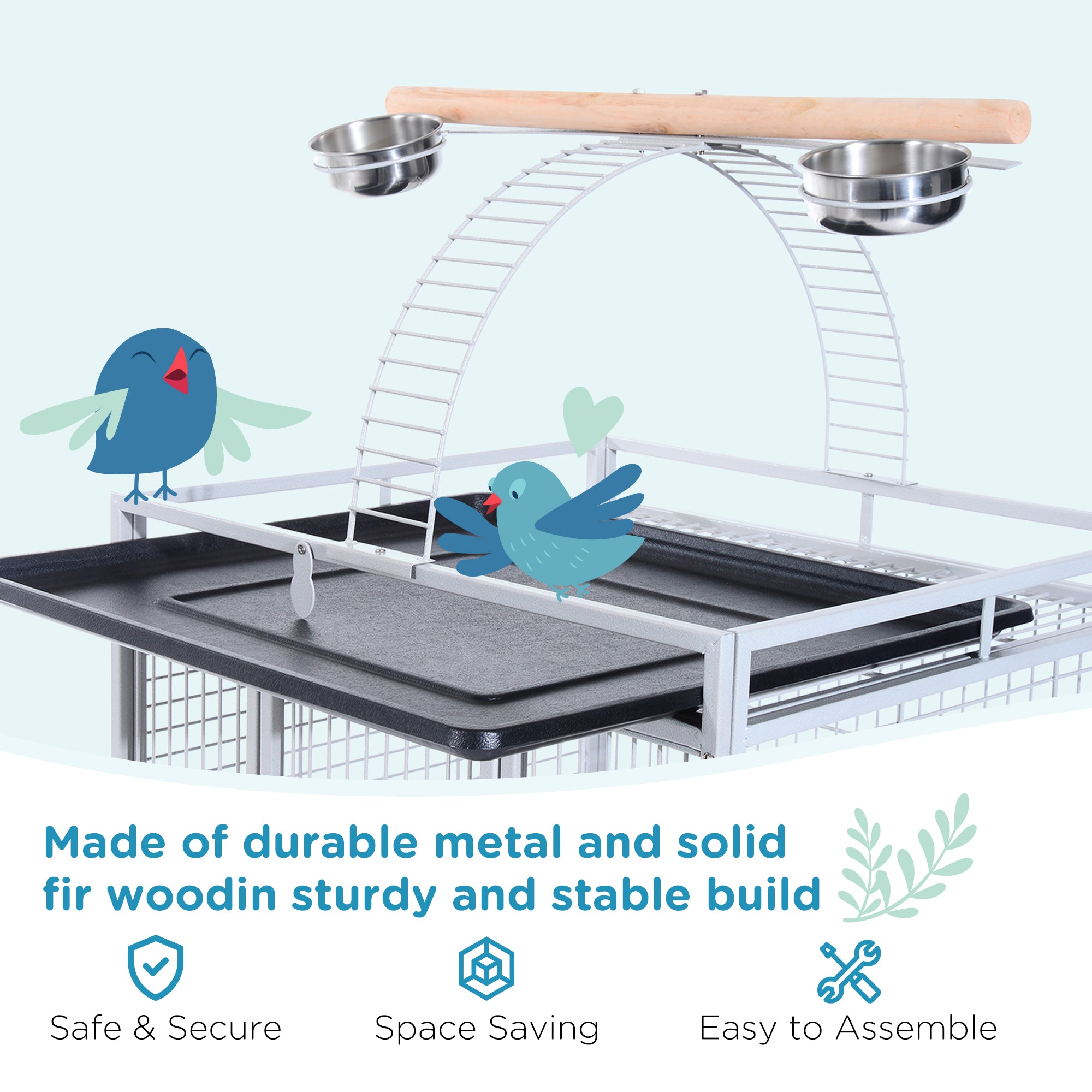 PawHut 64 Inch Bird Cage Parakeet House for Cockatiel with Stand, Pull Out Tray, Play Top, Storage Shelf, Wood Perch, Food Container, Silver