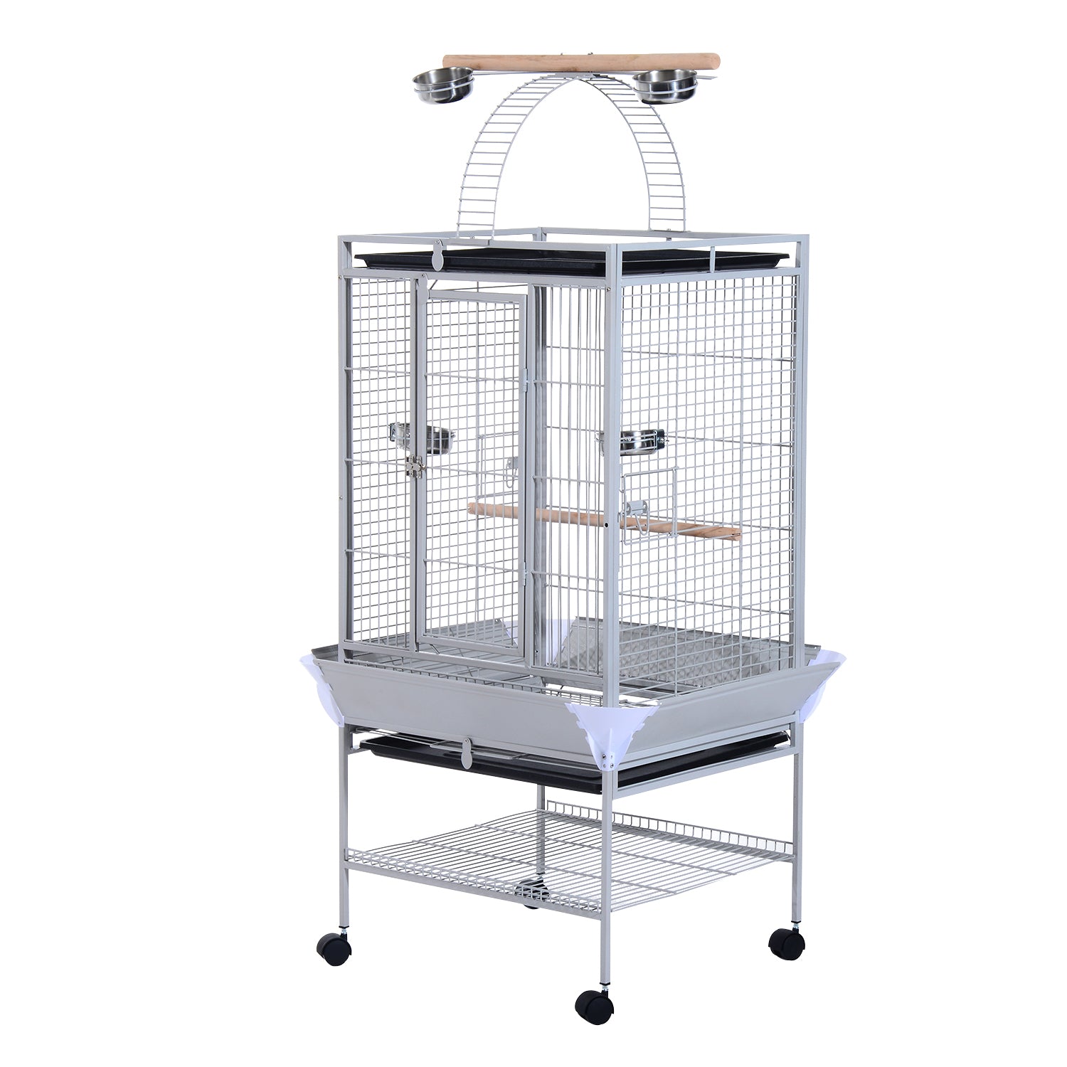 PawHut 64 Inch Bird Cage Parakeet House for Cockatiel with Stand, Pull Out Tray, Play Top, Storage Shelf, Wood Perch, Food Container, Silver