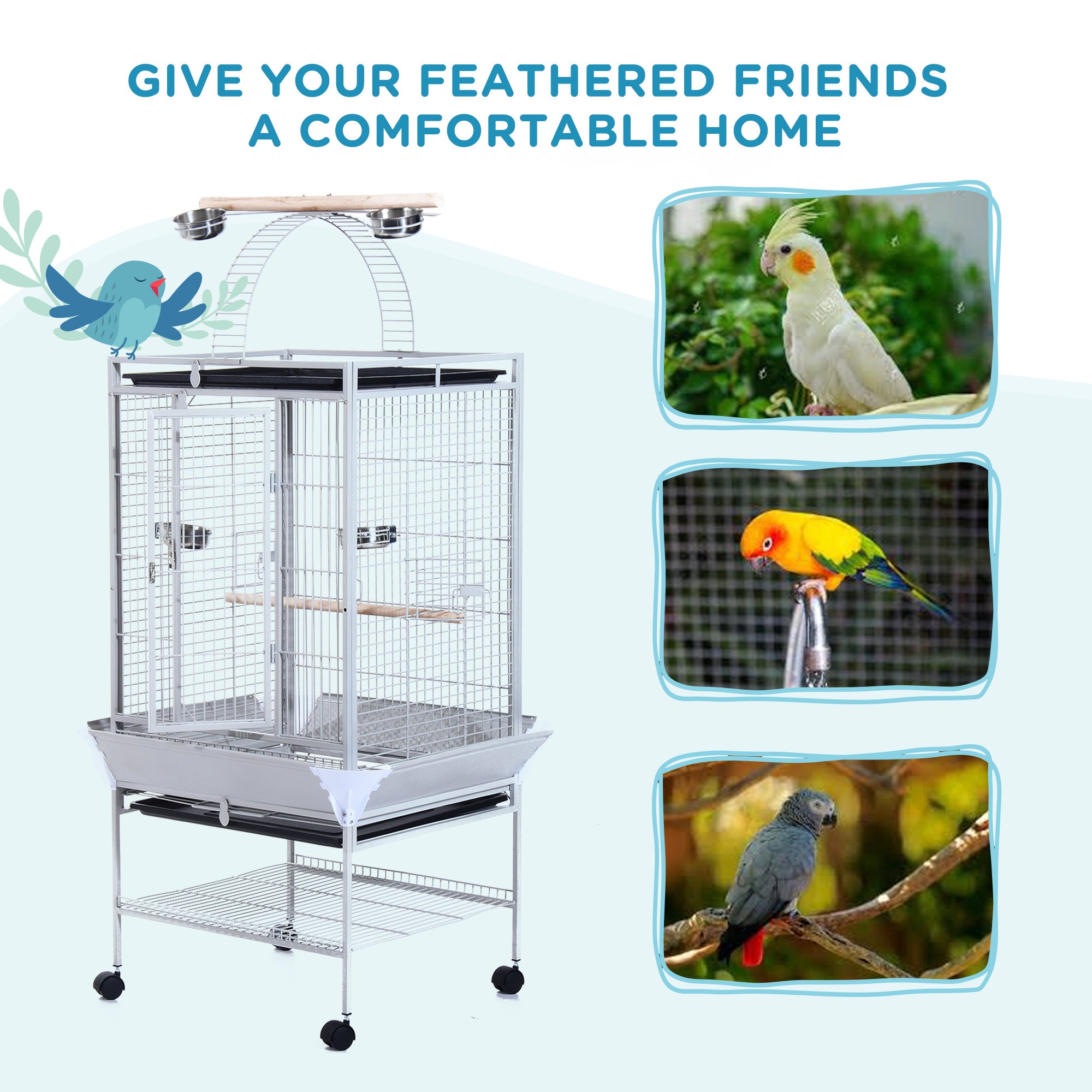 PawHut 64 Inch Bird Cage Parakeet House for Cockatiel with Stand, Pull Out Tray, Play Top, Storage Shelf, Wood Perch, Food Container, Silver