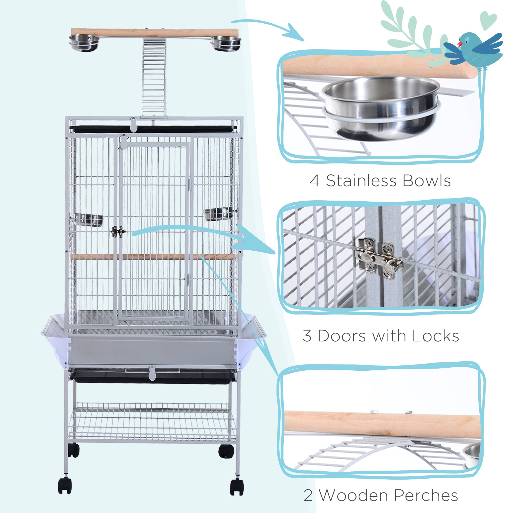 PawHut 64 Inch Bird Cage Parakeet House for Cockatiel with Stand, Pull Out Tray, Play Top, Storage Shelf, Wood Perch, Food Container, Silver