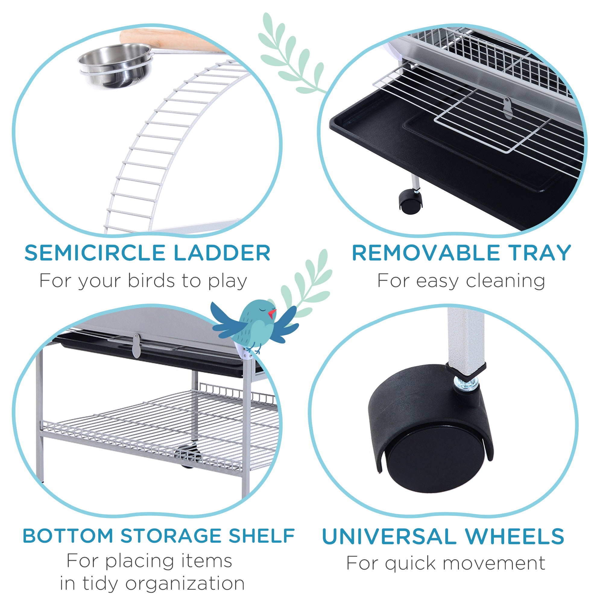 PawHut 64 Inch Bird Cage Parakeet House for Cockatiel with Stand, Pull Out Tray, Play Top, Storage Shelf, Wood Perch, Food Container, Silver