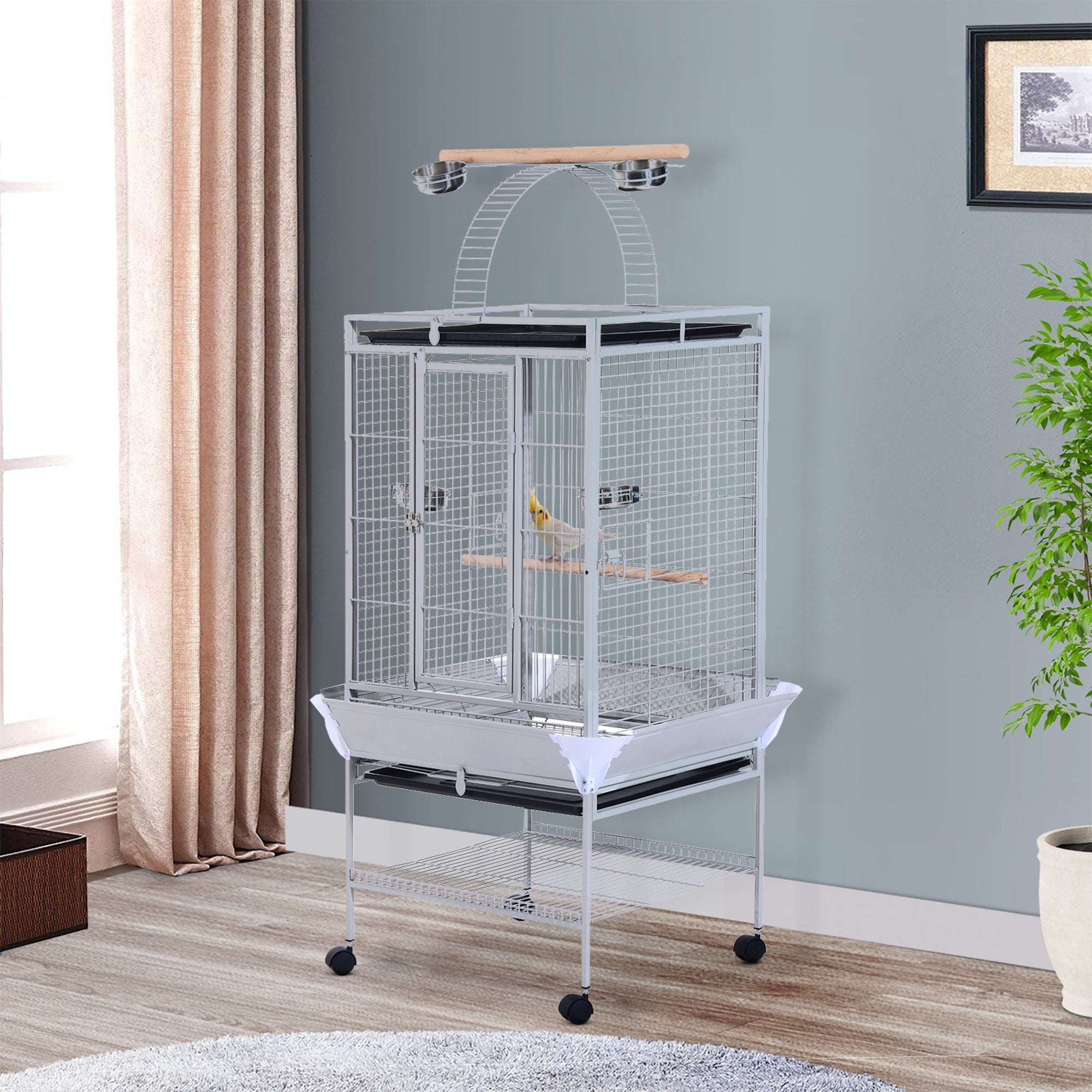 PawHut 64 Inch Bird Cage Parakeet House for Cockatiel with Stand, Pull Out Tray, Play Top, Storage Shelf, Wood Perch, Food Container, Silver