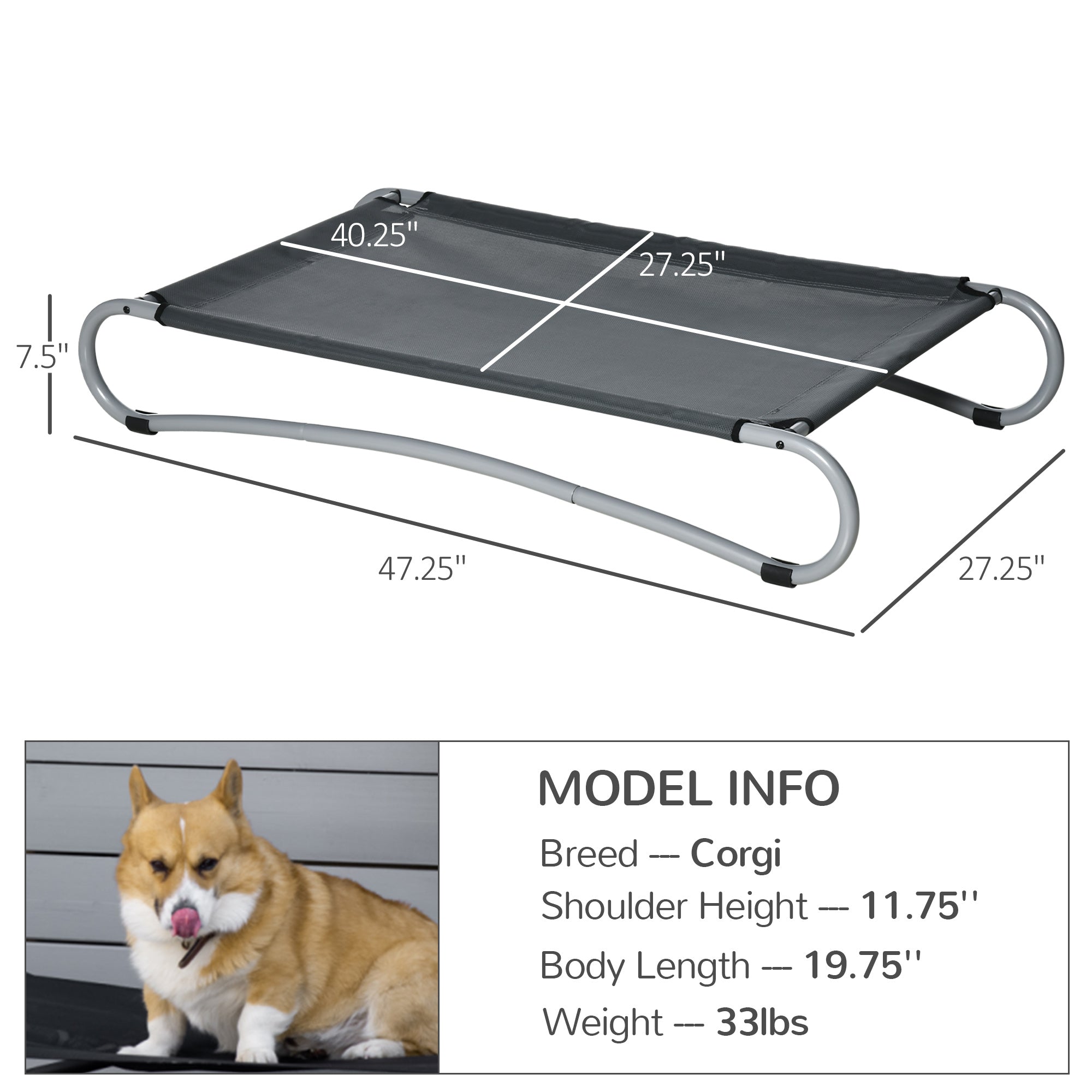 PawHut Elevated Dog Bed, Pet Cot, Steel Frame and Breathable Mesh Surface, for Extra Large Dogs, Indoor or Outdoor Use, Grey