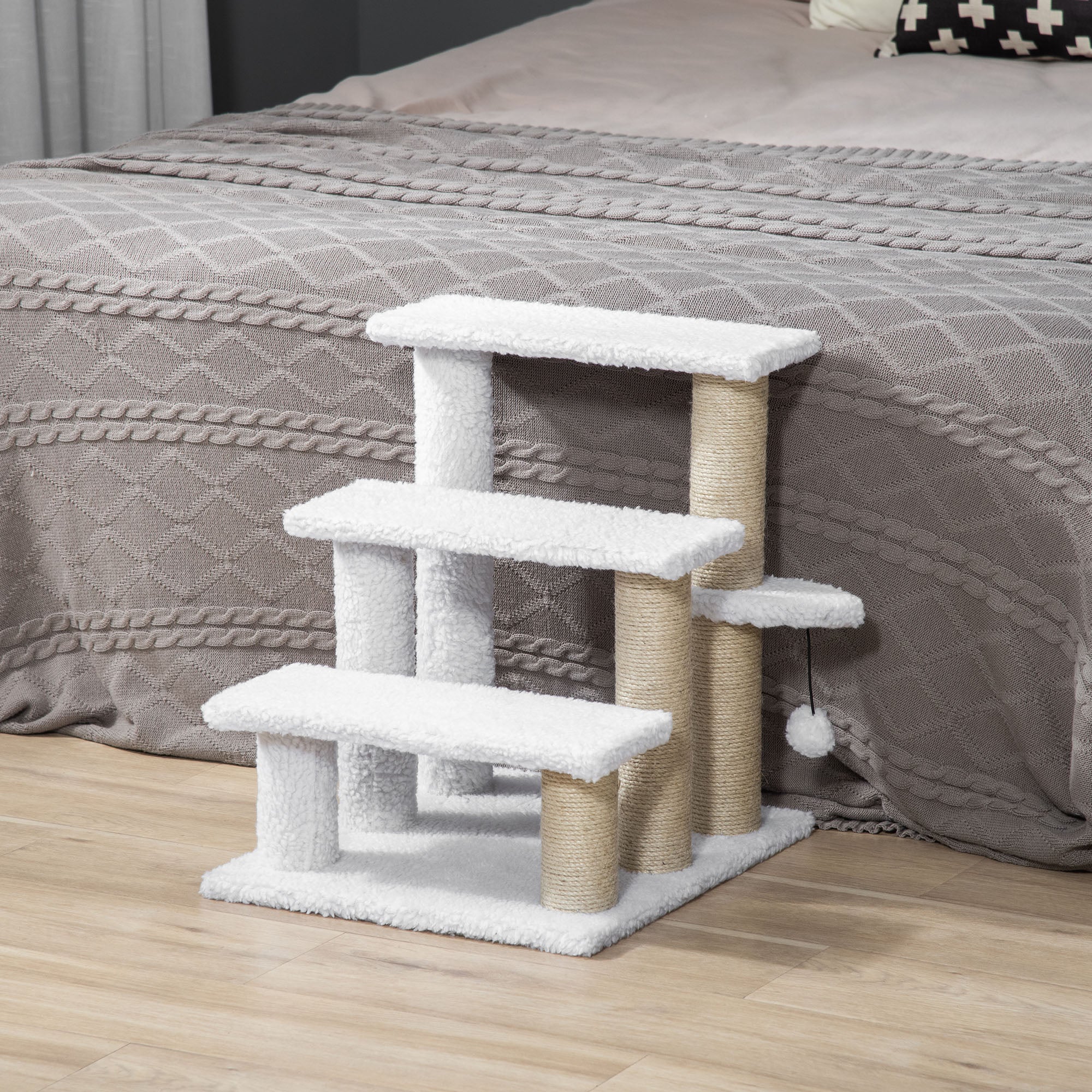 PawHut Pet Stair, Cat Tree with 3-step Climb Ladder, Scratching Posts, Platforms, Toy Ball, for Indoor Elderly Cats Kittens, White
