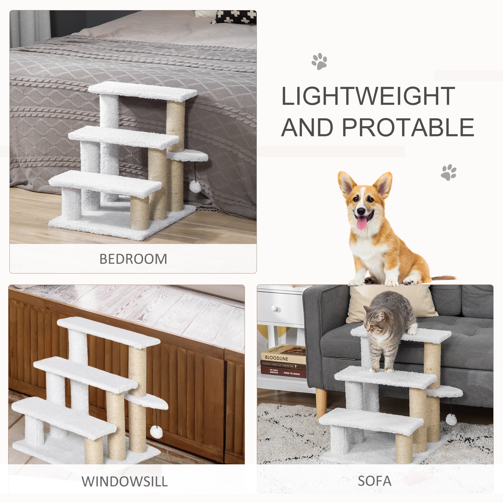 PawHut Pet Stair, Cat Tree with 3-step Climb Ladder, Scratching Posts, Platforms, Toy Ball, for Indoor Elderly Cats Kittens, White