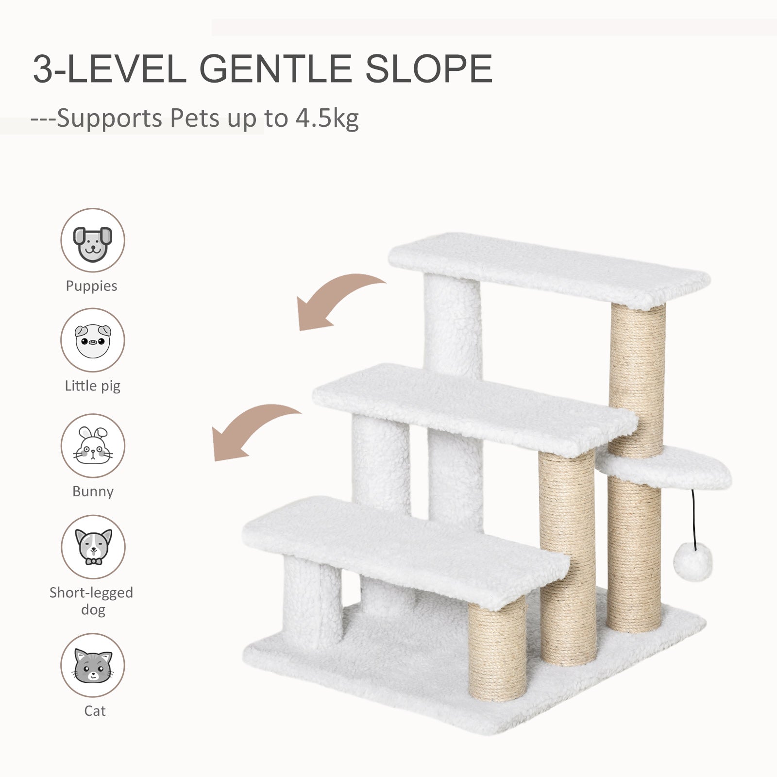 PawHut Pet Stair, Cat Tree with 3-step Climb Ladder, Scratching Posts, Platforms, Toy Ball, for Indoor Elderly Cats Kittens, White