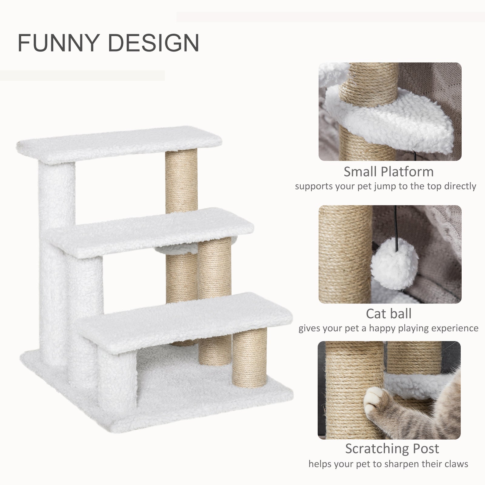 PawHut Pet Stair, Cat Tree with 3-step Climb Ladder, Scratching Posts, Platforms, Toy Ball, for Indoor Elderly Cats Kittens, White